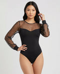 Pearl mesh long-sleeve bodysuit by ROMAR featuring a fitted design with pearl embellishments and a stylish, semi-sheer fabric.