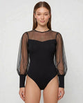 Romar sheer organza puff sleeve bodysuit featuring delicate, lightweight fabric and stylish puffed sleeves.