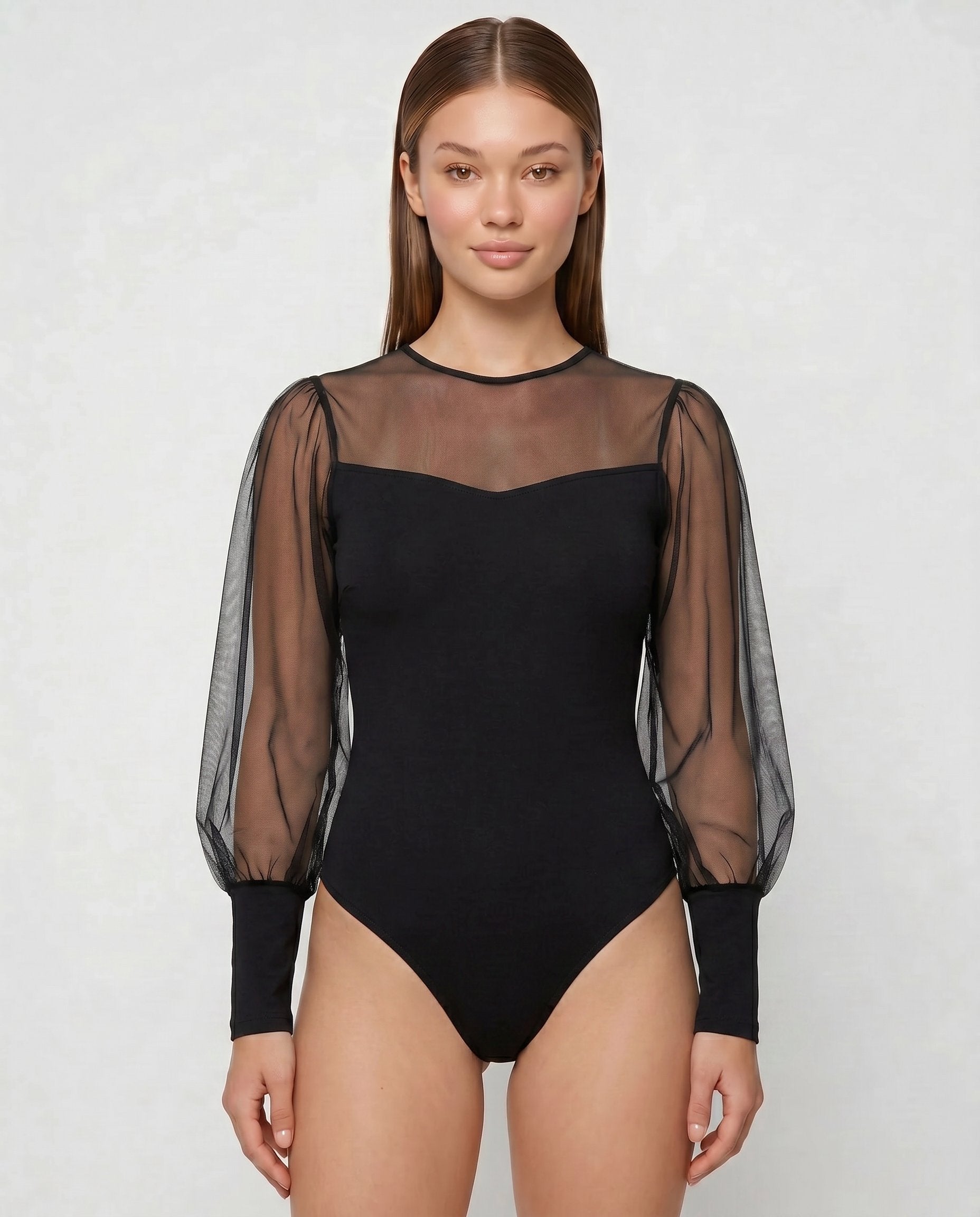 Romar sheer organza puff sleeve bodysuit featuring delicate, lightweight fabric and stylish puffed sleeves.
