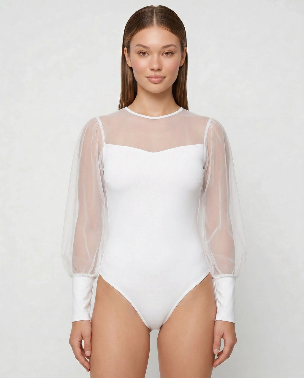 Romar sheer organza puff sleeve bodysuit, elegant see-through fabric with puffed sleeves and fitted design, stylish and lightweight.