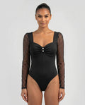 ROMAR polka dot mesh sweetheart bodysuit, stylish women's bodysuit with a fitted design and playful polka dot pattern.