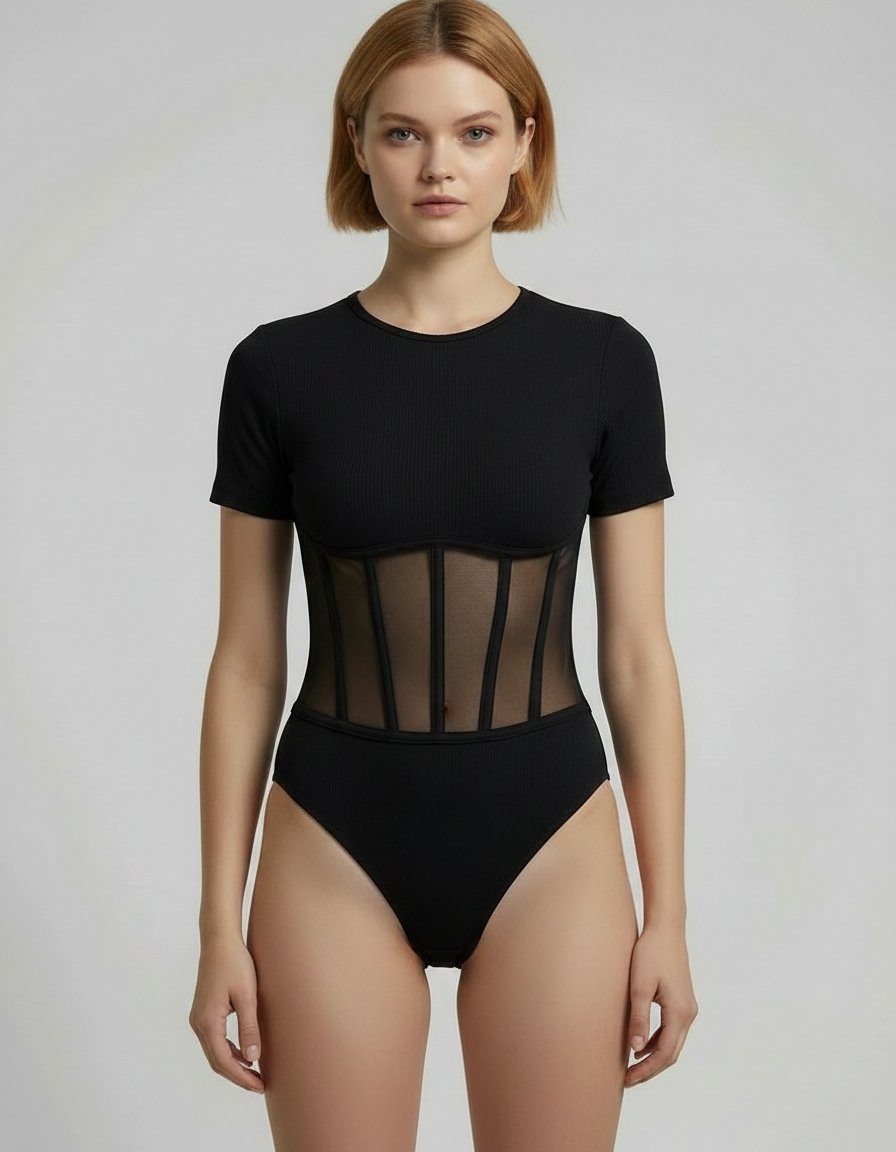 ROMAR ribbed corset mesh panel bodysuit featuring a fitted design with ribbed texture and mesh accents for a stylish look.