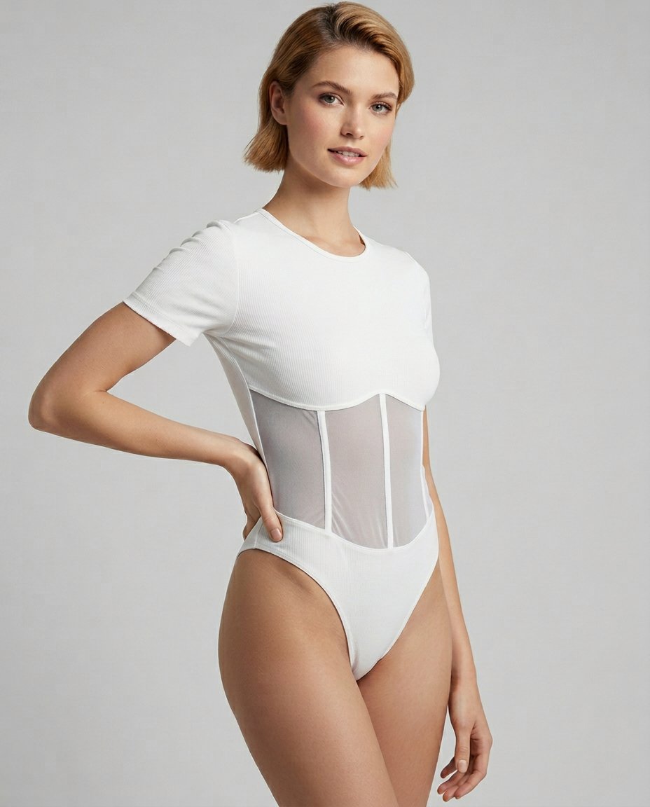 ROMAR ribbed corset mesh panel bodysuit featuring fitted design and see-through mesh accents, ideal for trendy, stylish outfits.
