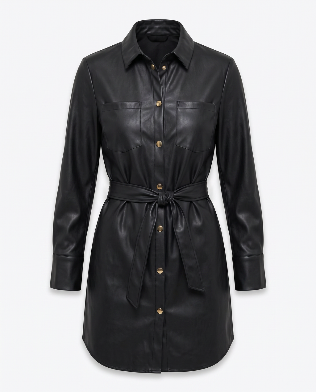 Romar Noir Gold faux leather shirt dress hanging on a wooden rack, showcasing stylish, shiny gold finish and tailored design.