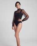 ROMAR high neck mesh puff sleeve bodysuit featuring sheer fabric and stylish puffed sleeves for a trendy look.