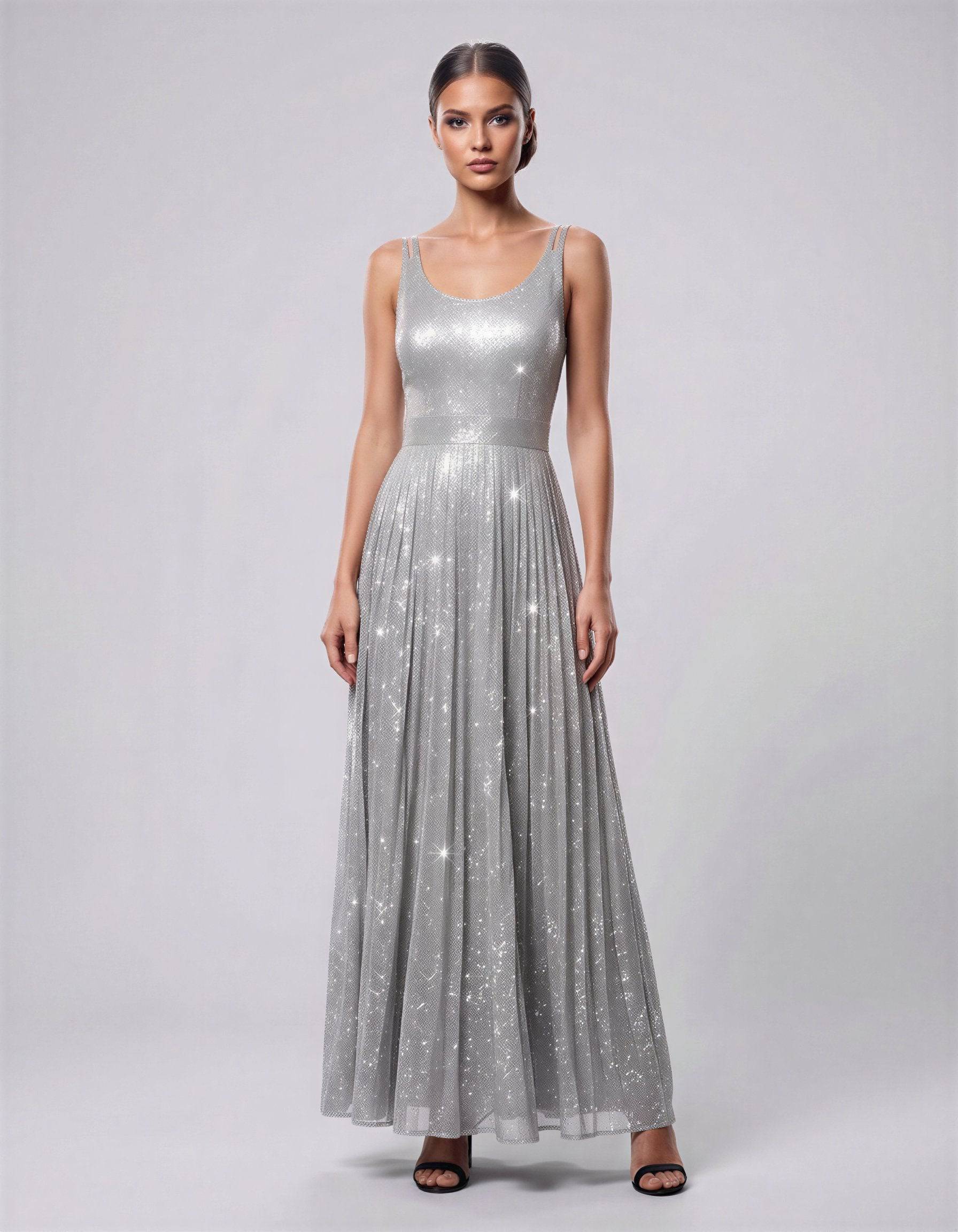 ROMAR glitter scoop neck maxi dress with double straps, flowing evening gown in shimmering fabric, elegant and stylish for special occasions.