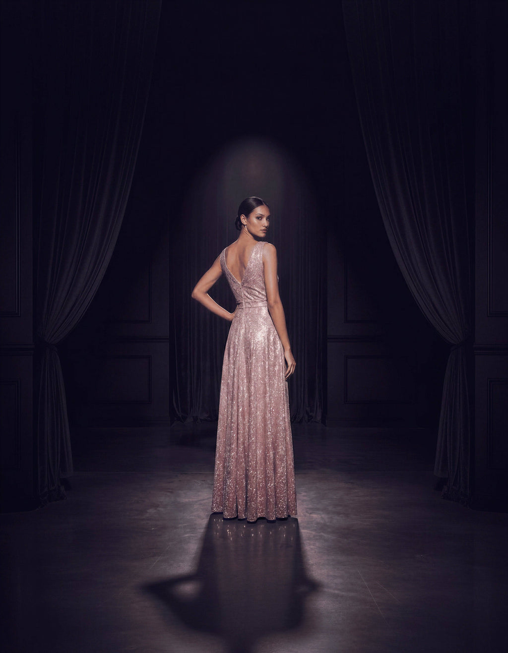 ROMAR glitter wrap V-neck sleeveless prom maxi dress displayed on a model, featuring a shimmering fabric and elegant design.