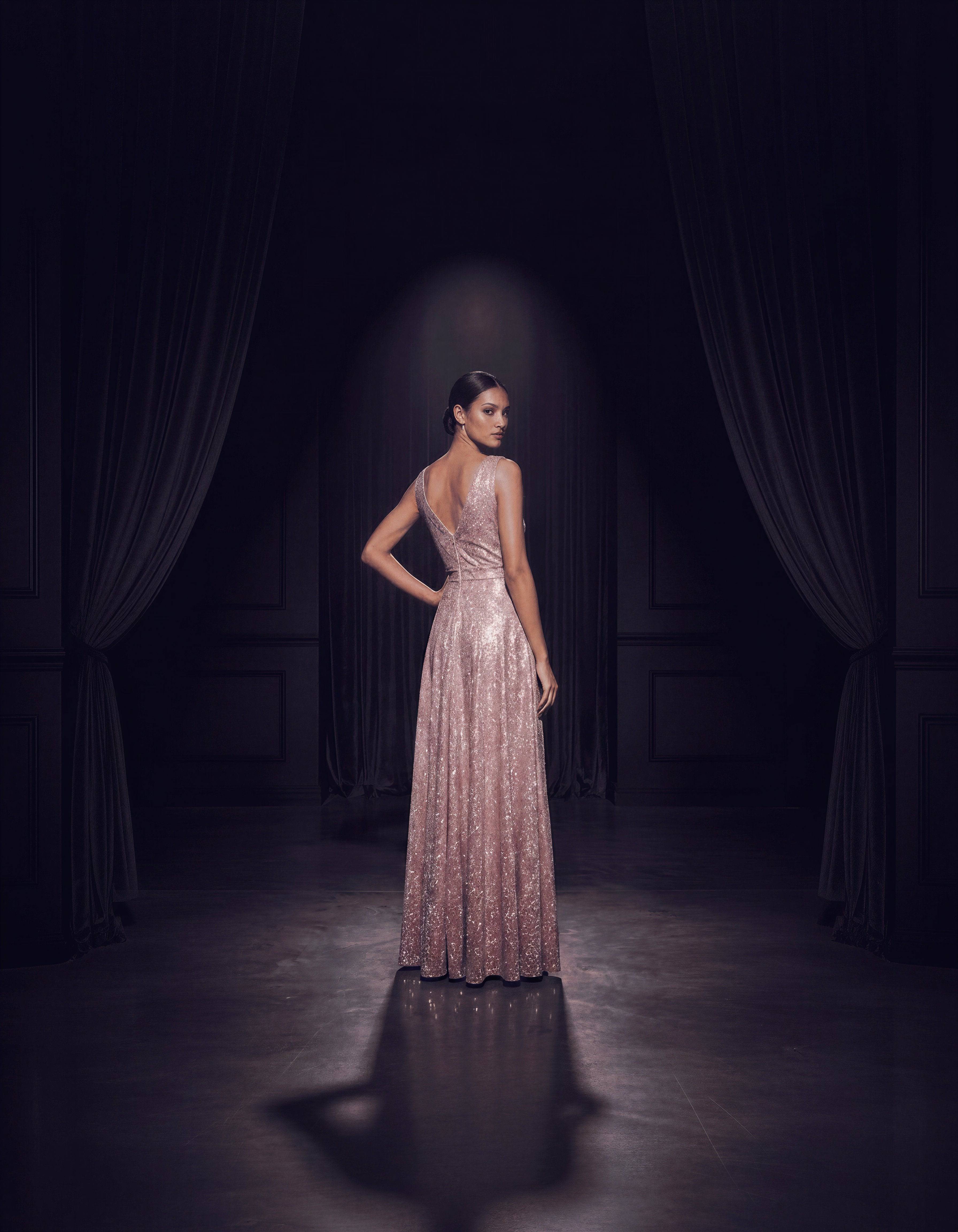 ROMAR glitter wrap V-neck sleeveless prom maxi dress displayed on a model, featuring a shimmering fabric and elegant design.
