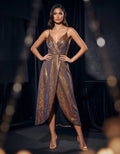 ROMAR glitter V-neck wrap midi dress with slit, featuring shimmering fabric and elegant drape, perfect for evening occasions.
