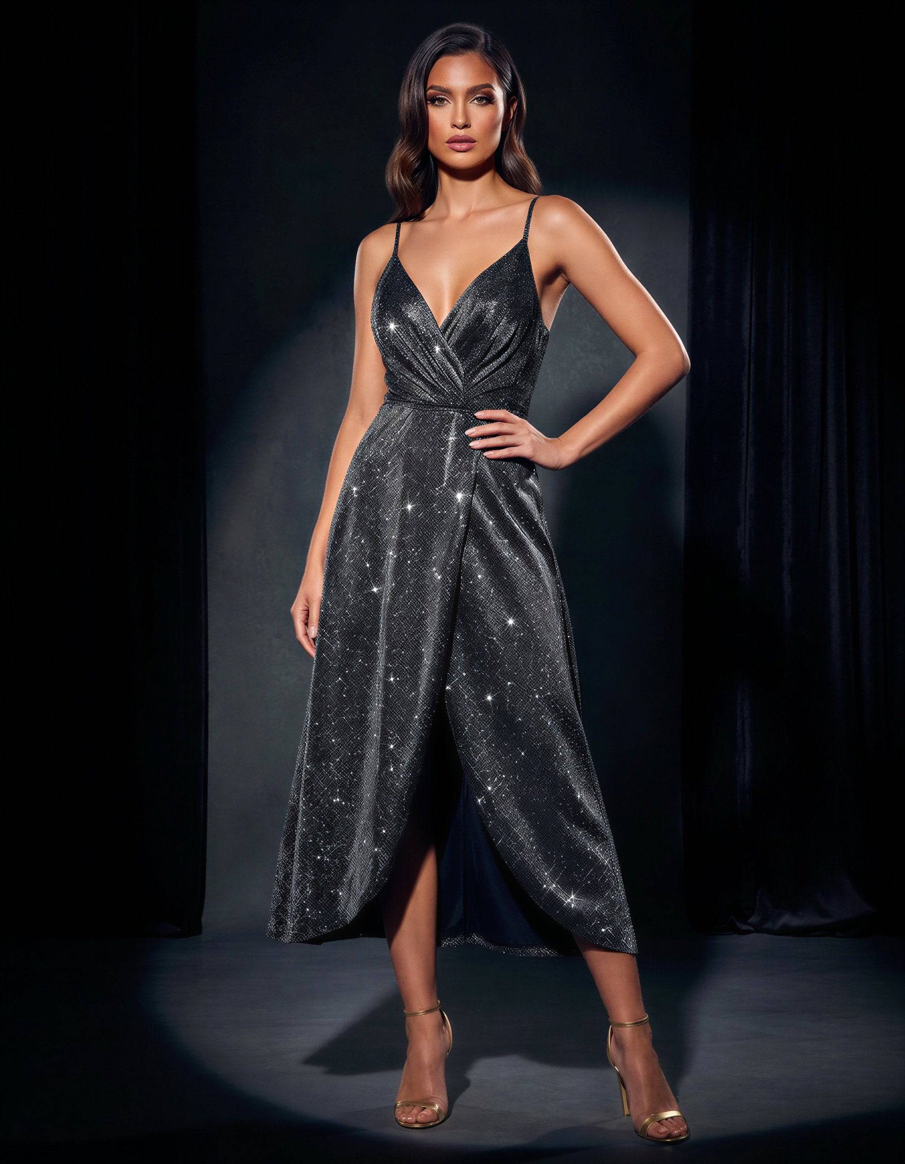 ROMAR glitter V-neck wrap midi dress with slit, shown on a model, featuring shimmering fabric and elegant design.
