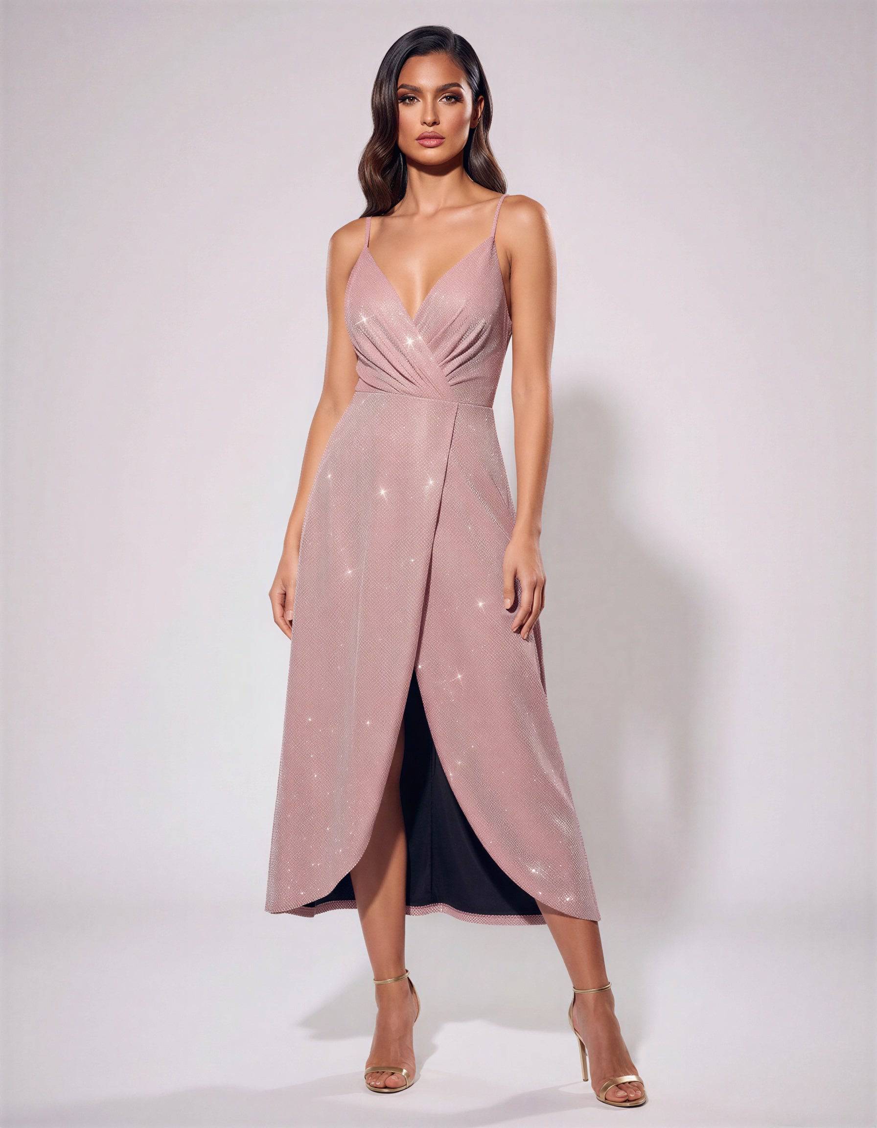ROMAR glitter V-neck wrap midi dress with slit, showcased on a model, highlighting its shimmering fabric and elegant design.