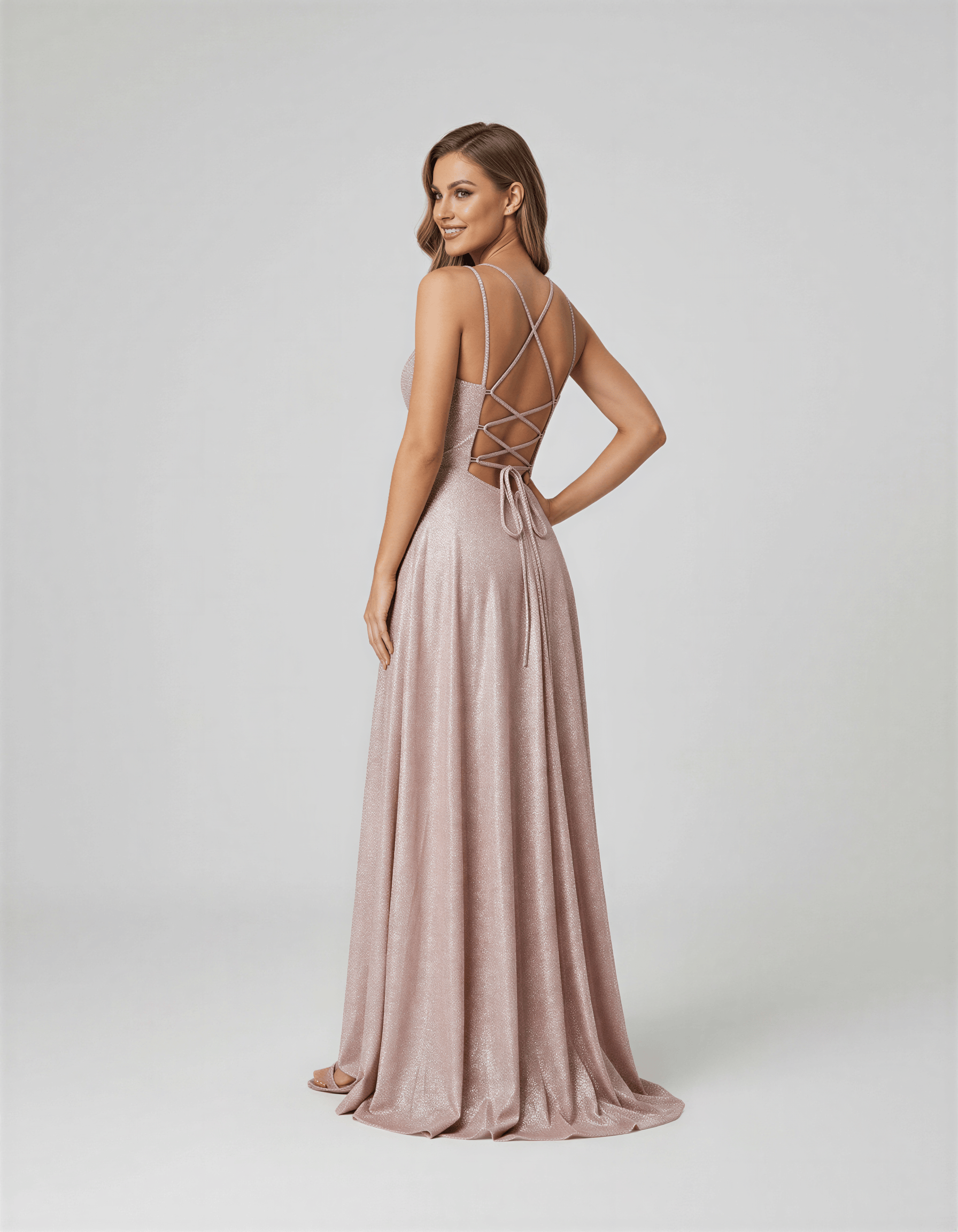 ROMAR glitter lace-up back maxi prom dress featuring a shimmering fabric, fitted bodice, and flowing skirt for elegant evening wear.