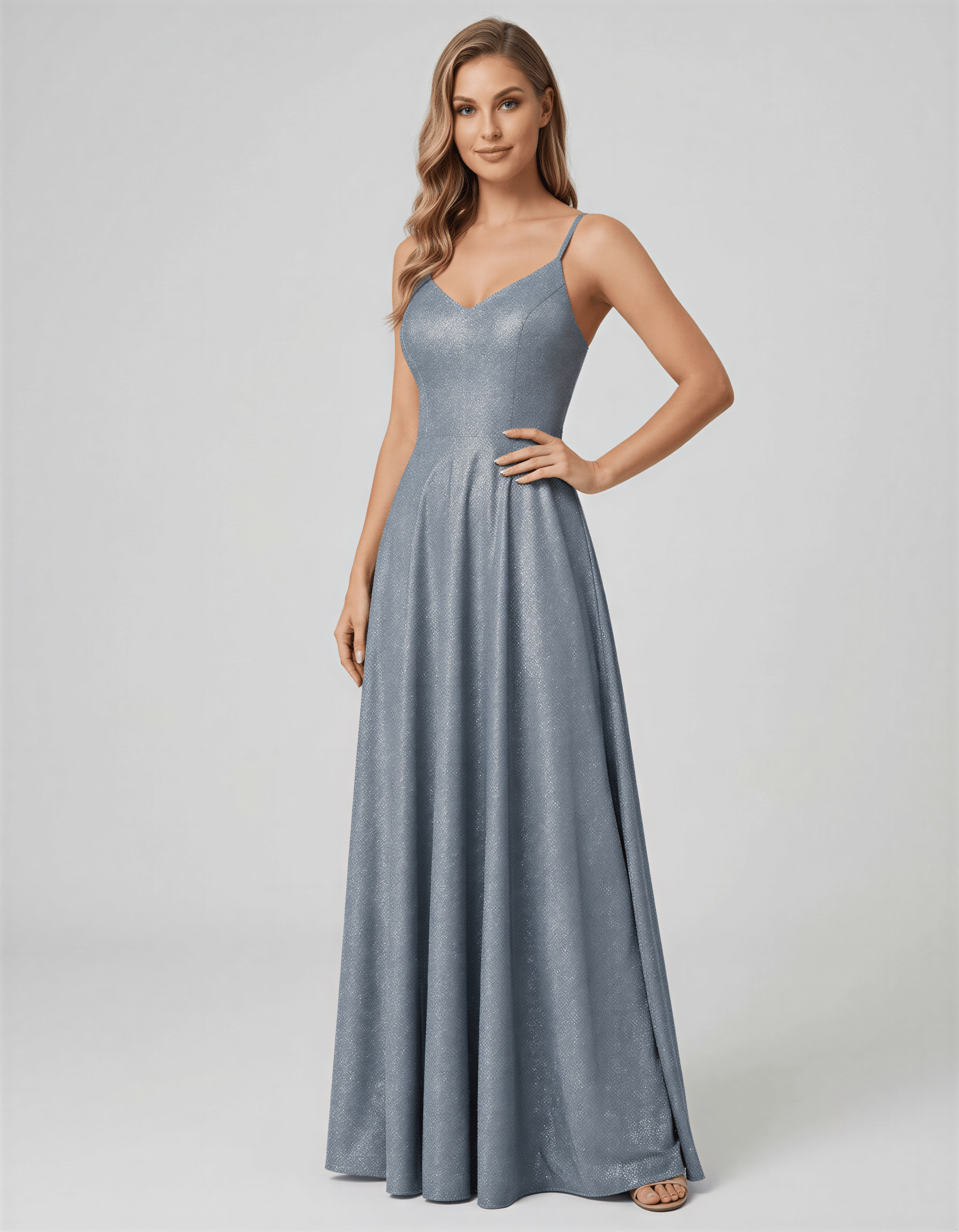 ROMAR glitter lace-up back maxi prom dress featuring intricate lace details and a flowing silhouette for elegant evening wear.