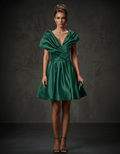 Romar satin off-shoulder corset mini prom dress featuring a fitted bodice and elegant off-shoulder neckline.