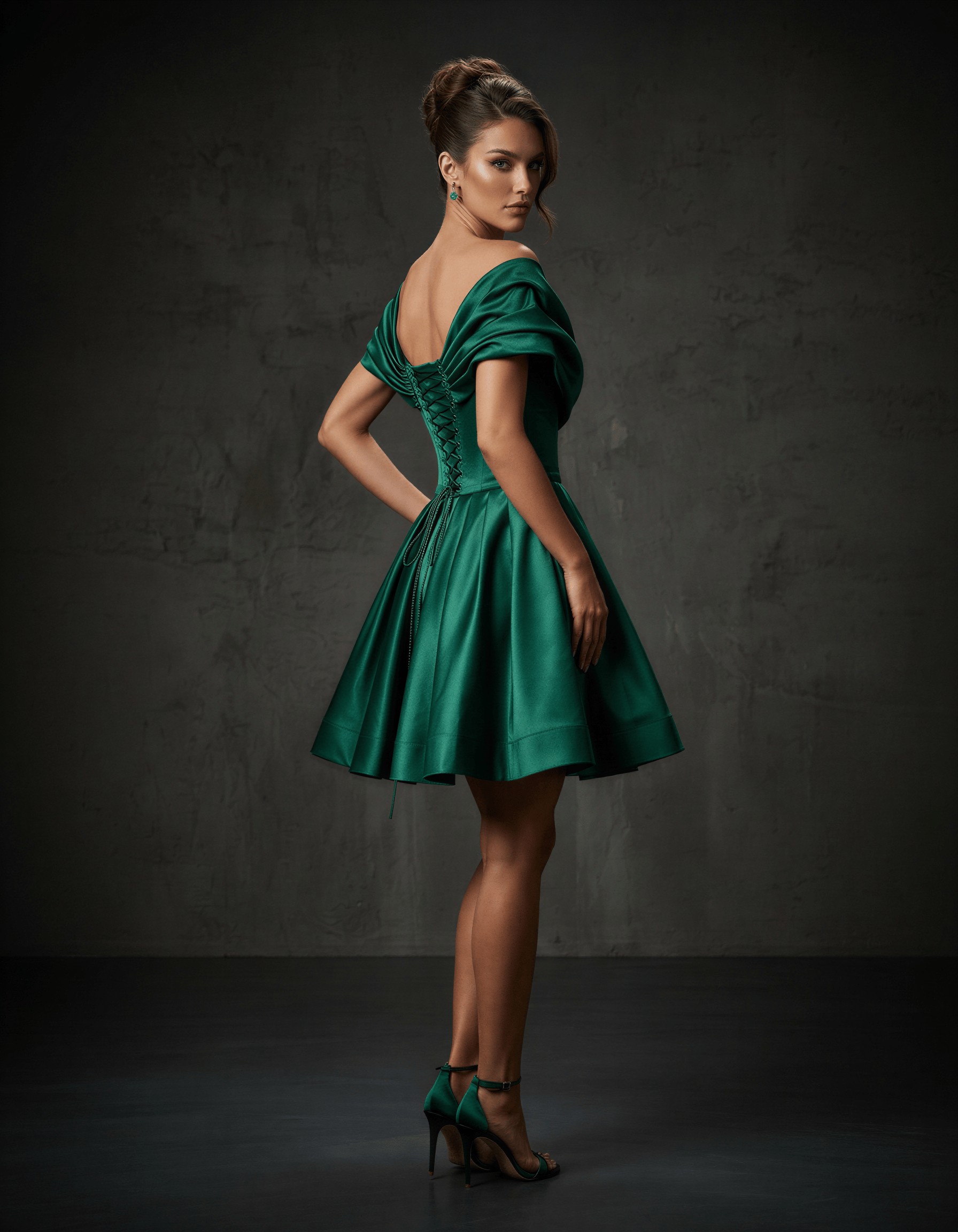ROMAR satin off-shoulder corset mini prom dress featuring a fitted bodice, off-shoulder design, and elegant satin fabric.