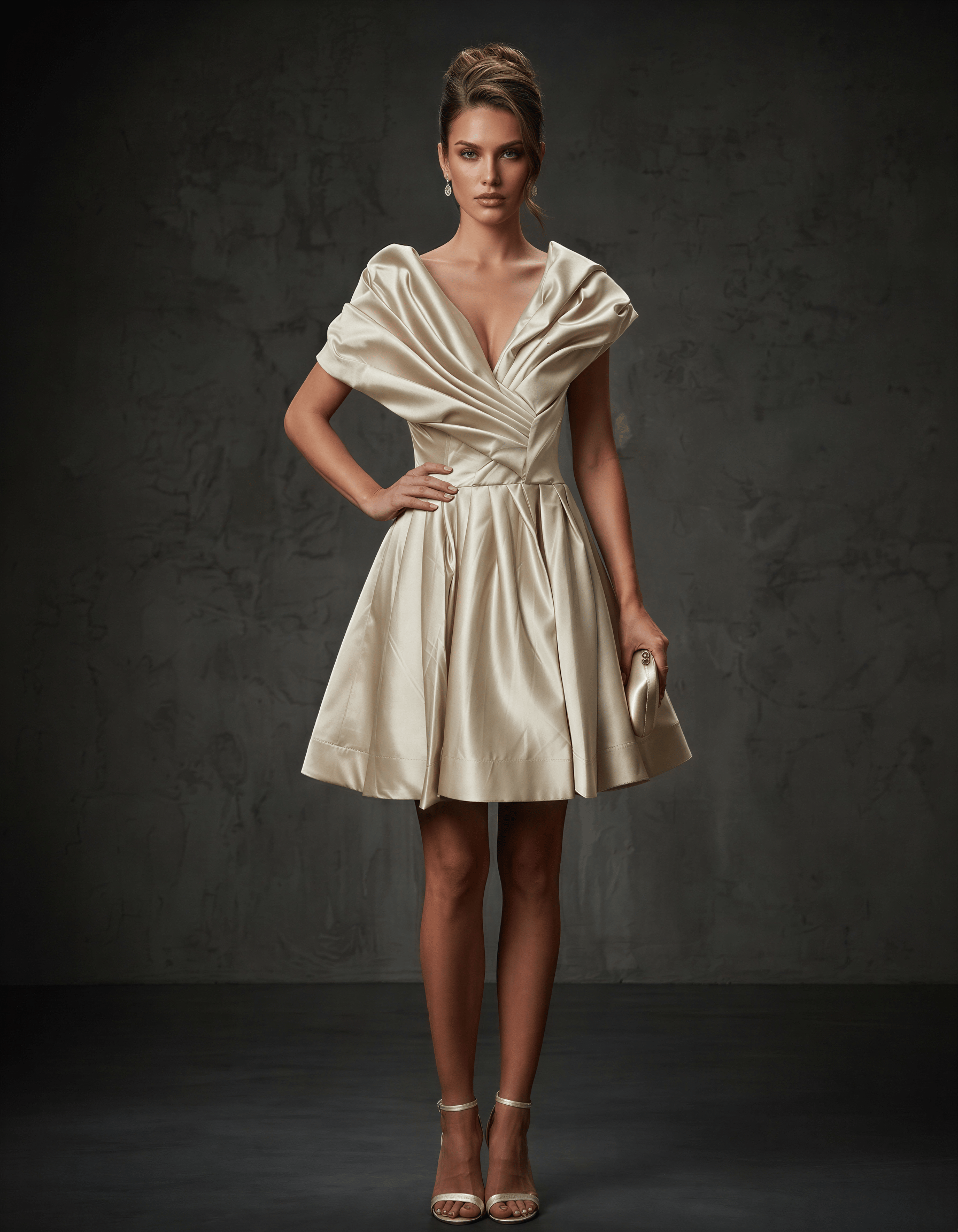 ROMAR satin off-shoulder corset mini prom dress featuring a fitted bodice and elegant off-shoulder design.