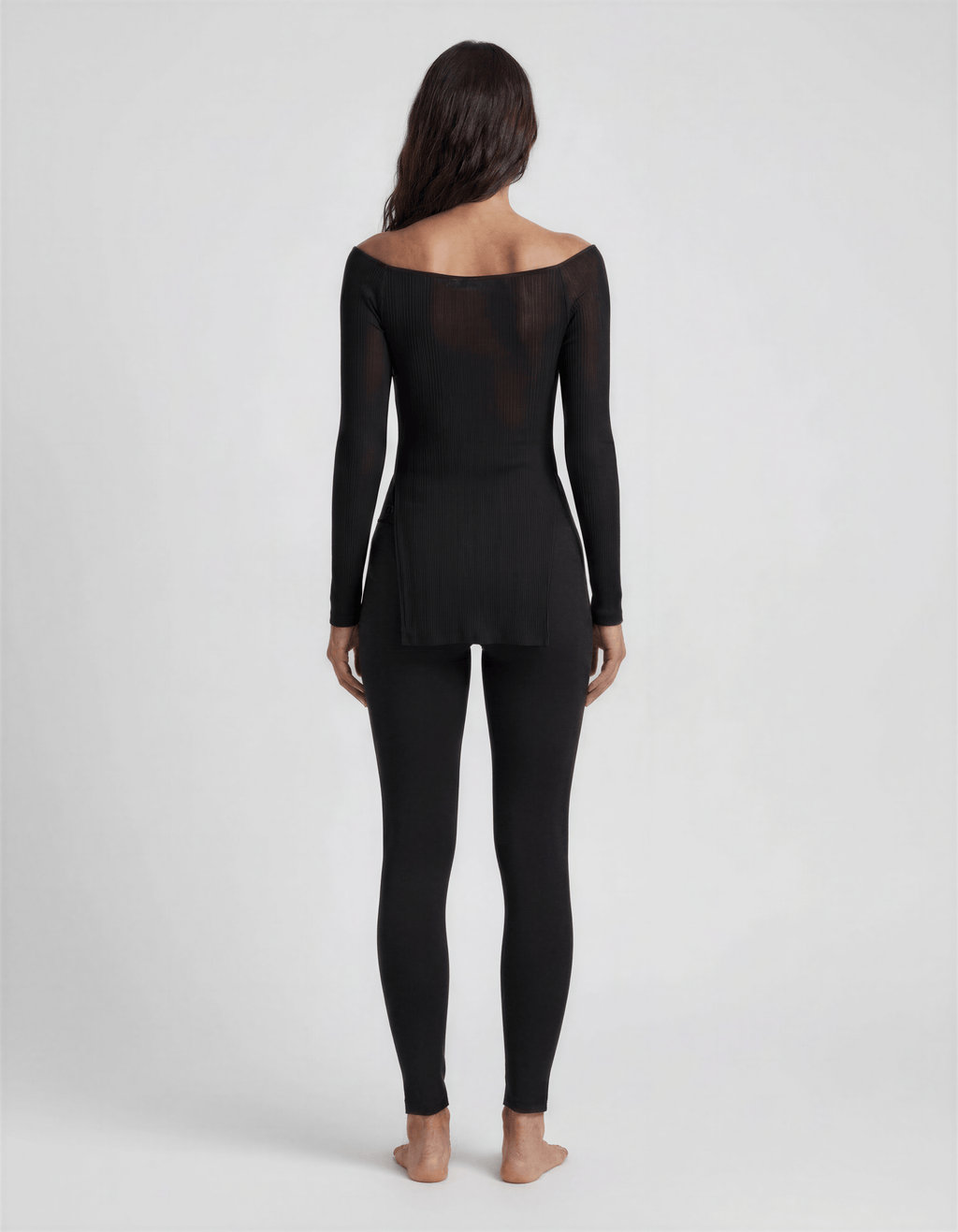 ROMAR ribbed off-shoulder longline top in soft fabric, featuring a fitted design and long sleeves, displayed on a mannequin.