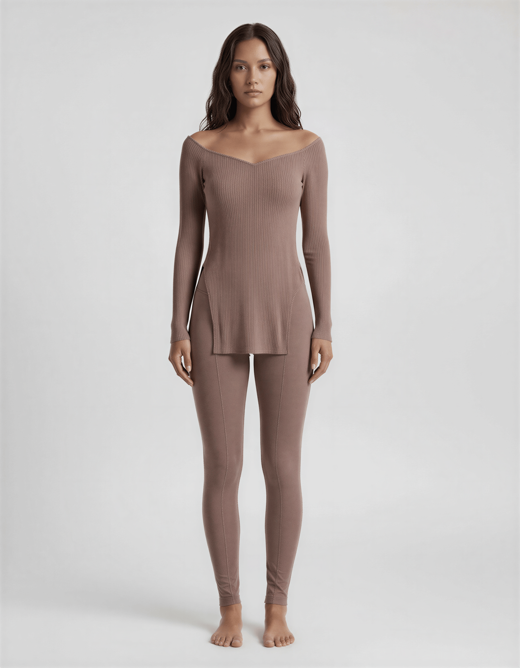 ROMAR ribbed off-shoulder longline top in soft fabric, featuring a fitted design and long length for stylish casual wear.