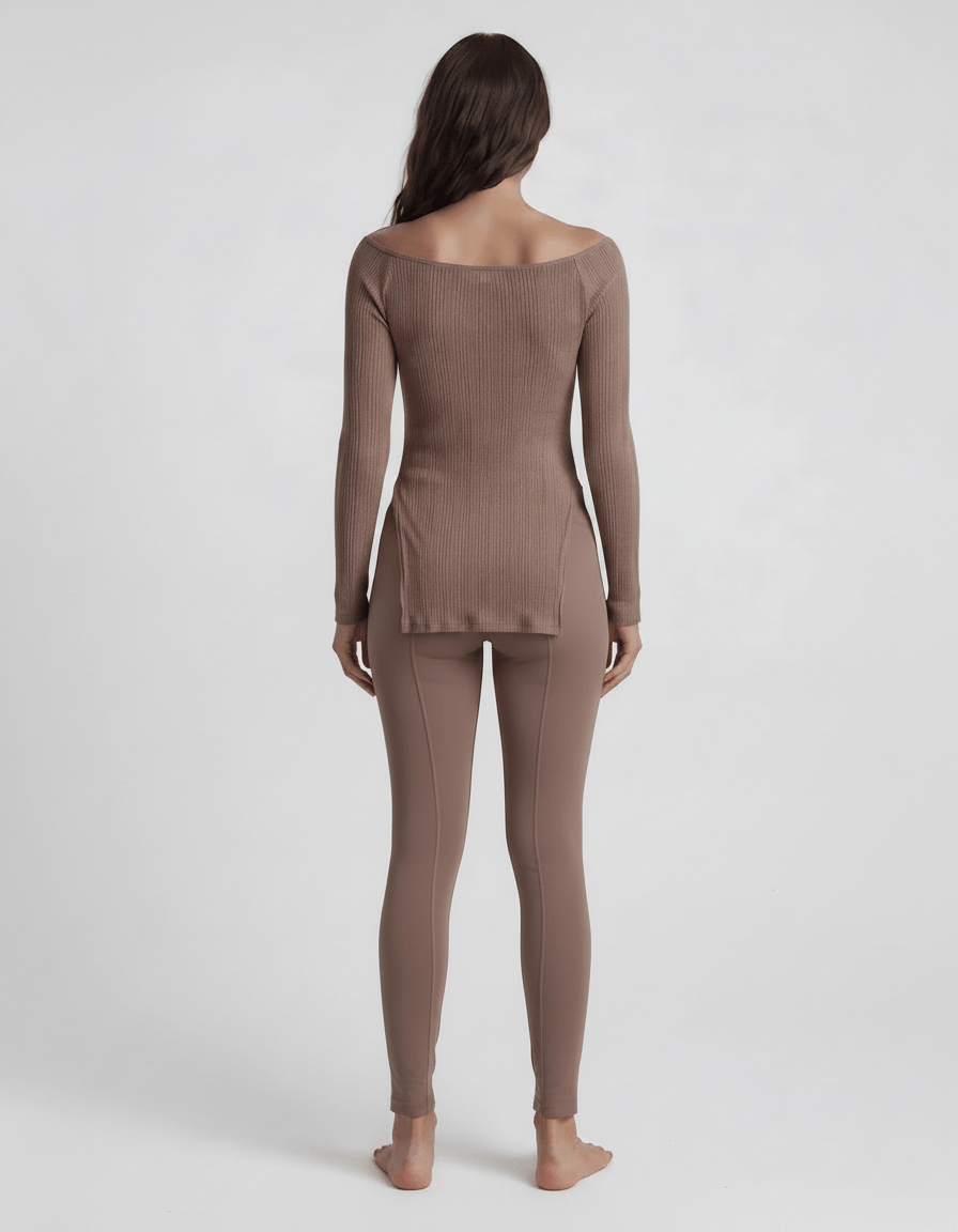 ROMAR ribbed off-shoulder longline top in soft fabric, shown on a hanger with a fitted, stylish design.