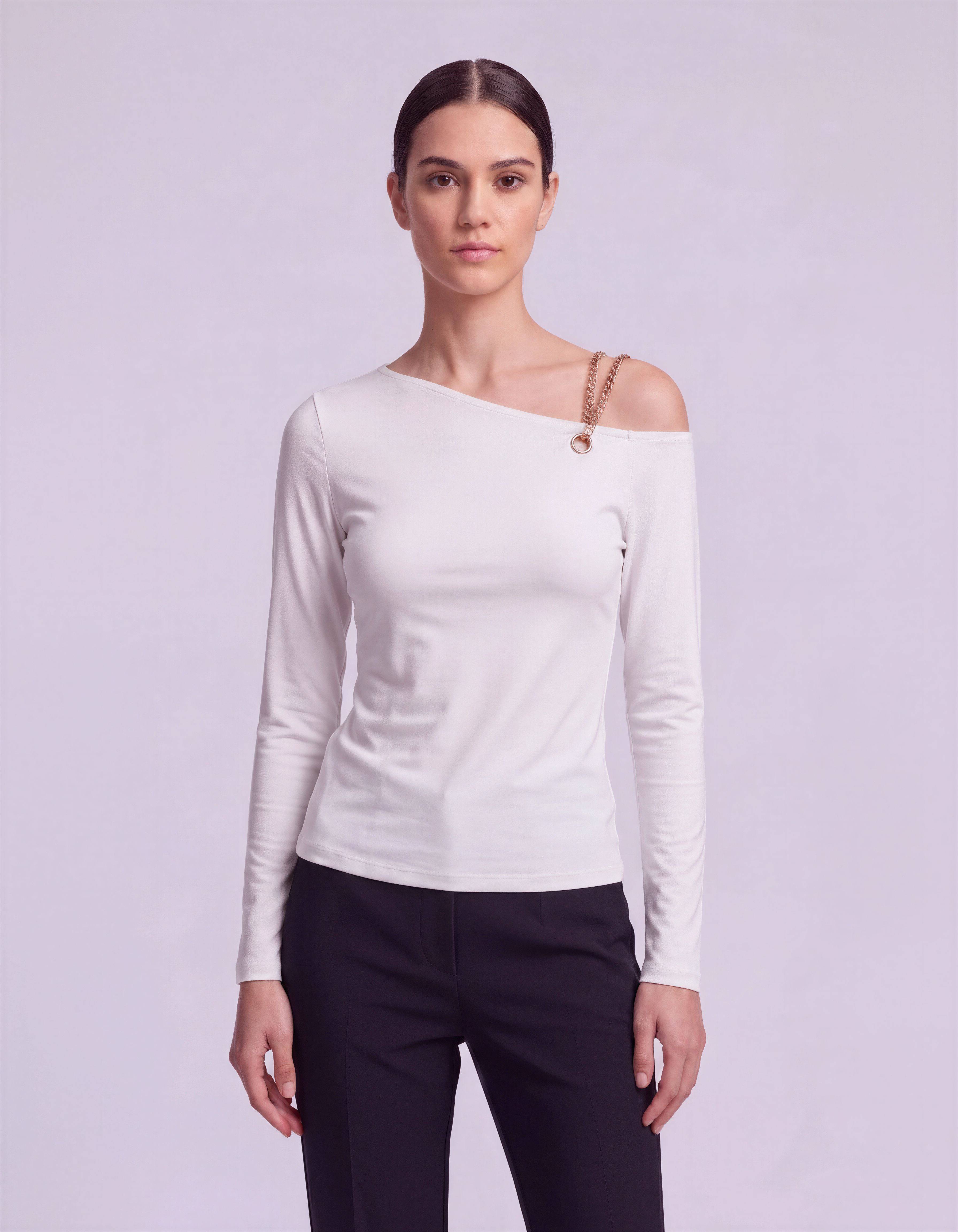 ROMAR one shoulder long sleeve top with chain detail, featuring a stylish asymmetrical design and elegant fit.