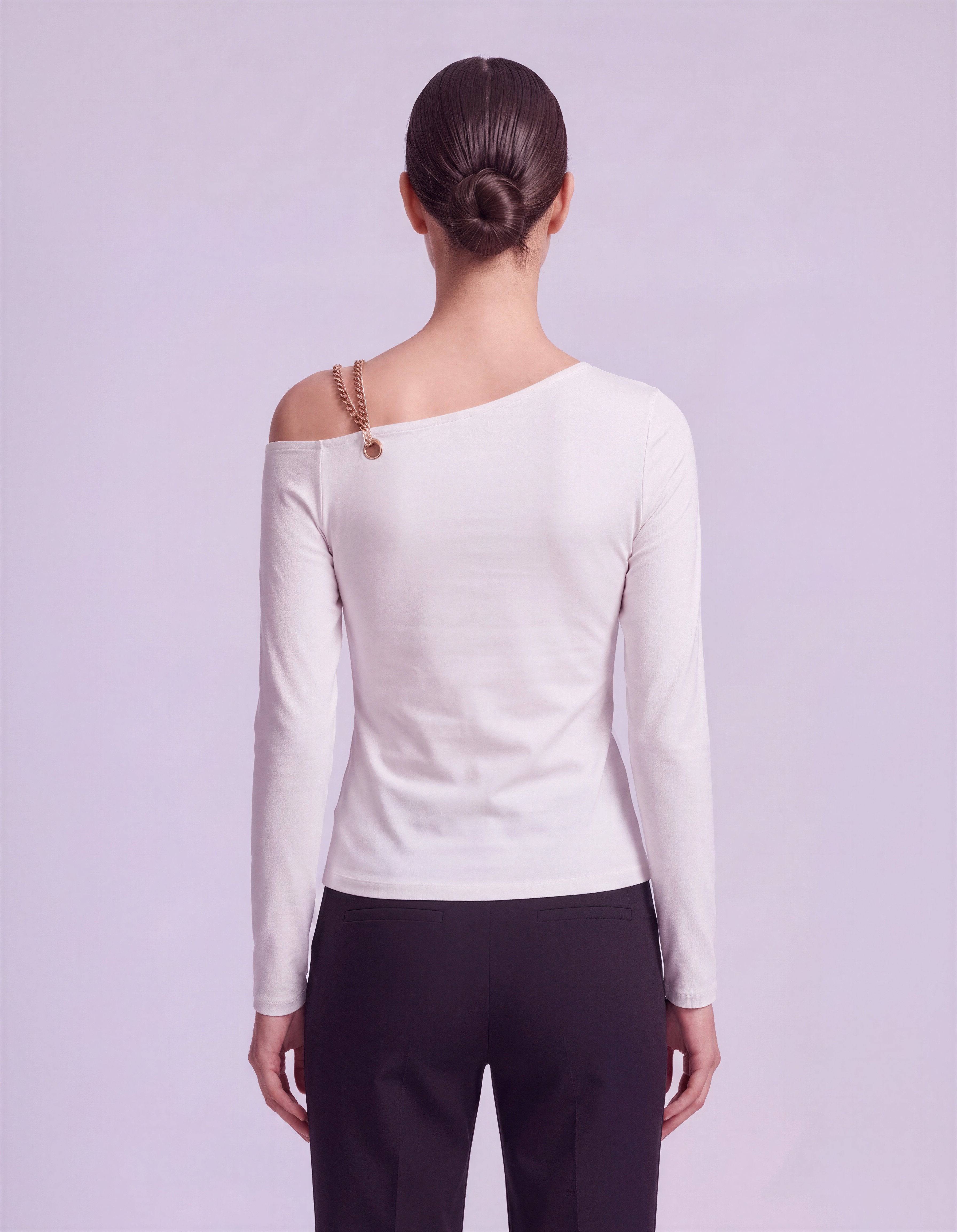 ROMAR one shoulder chain detail long sleeve top, stylish fashion top with single shoulder design and chain accents.