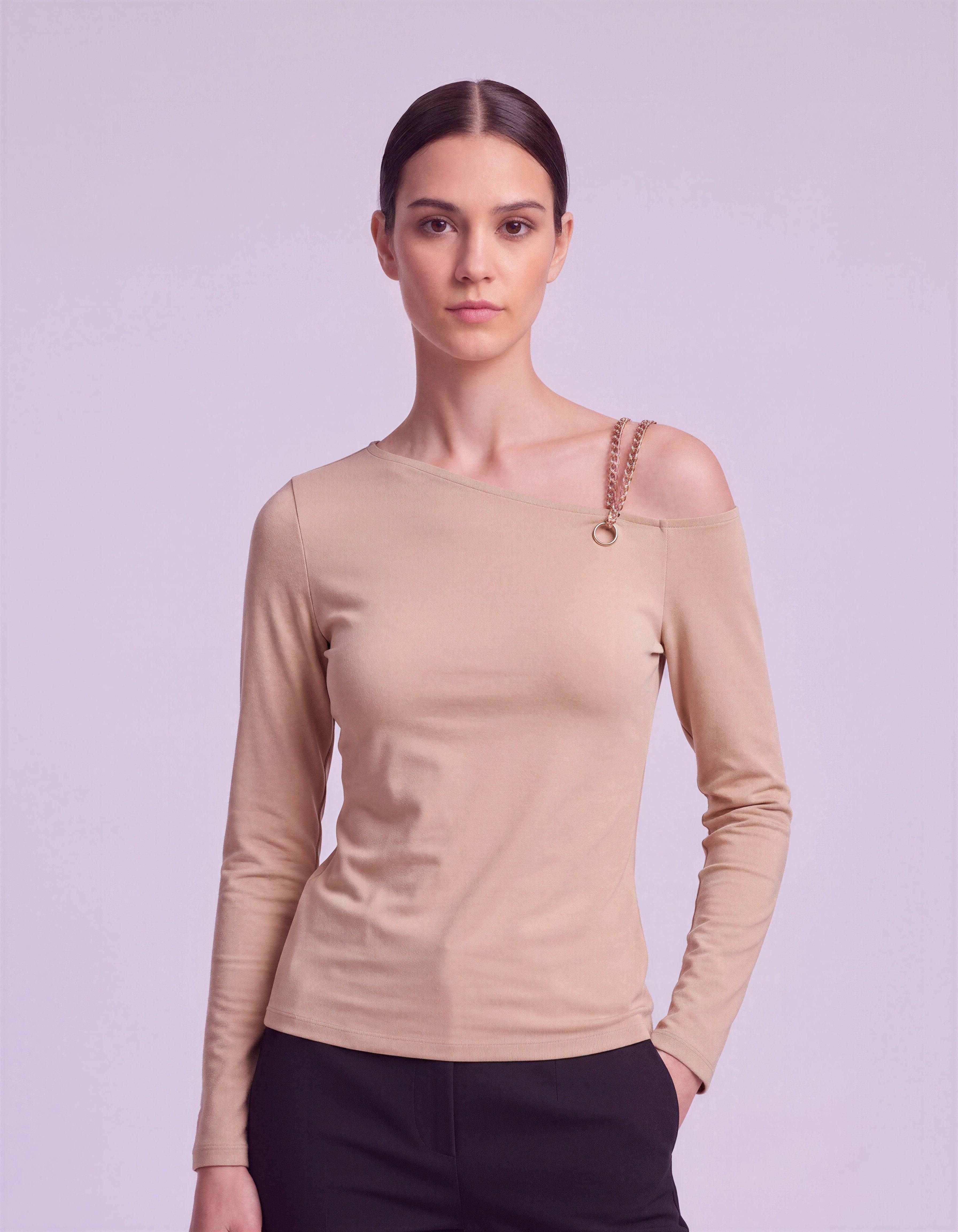 ROMAR one shoulder long sleeve top with chain detail, stylish women's fashion top featuring asymmetrical design.