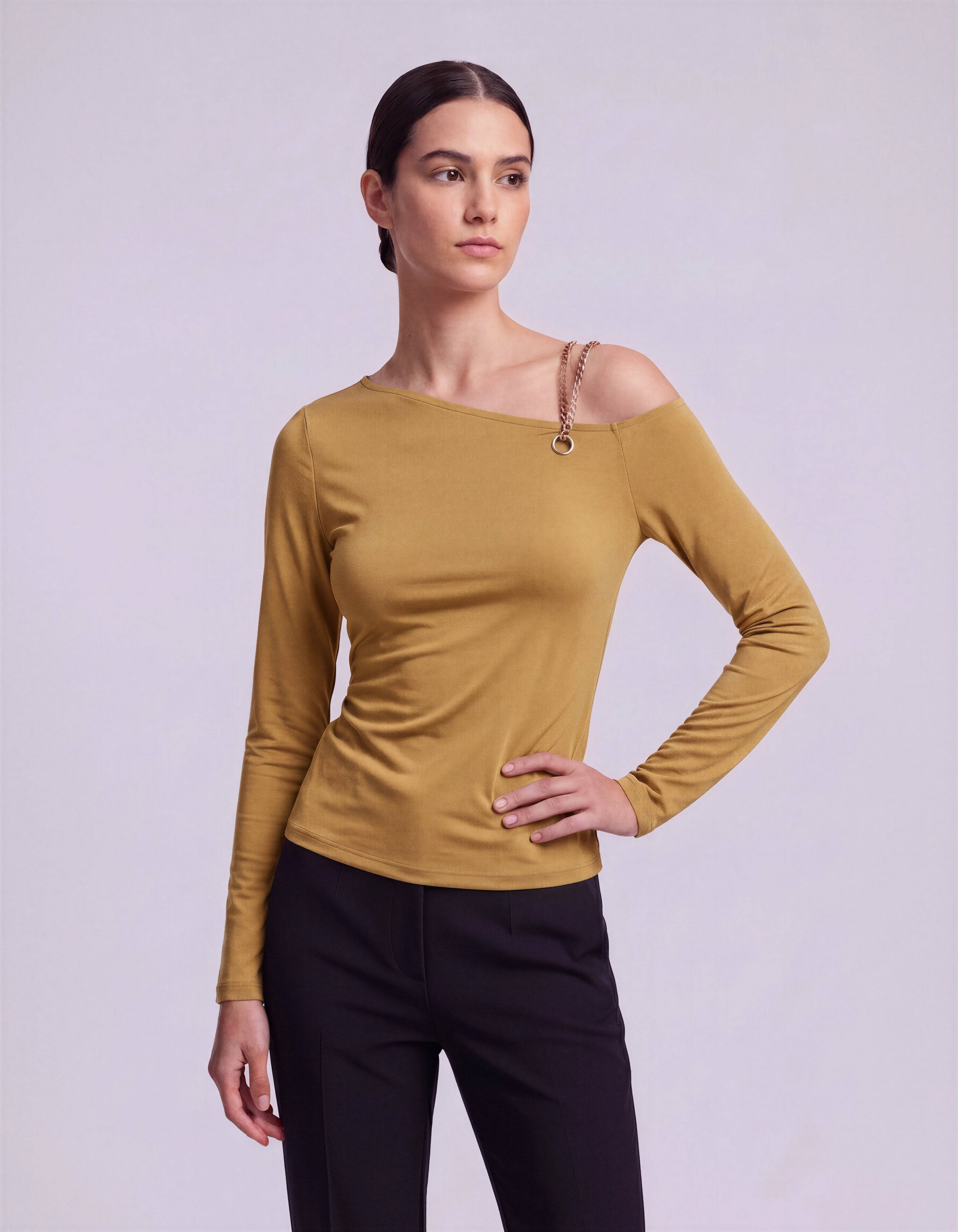 ROMAR one shoulder long sleeve top with chain detail, stylish fashion top featuring asymmetrical design and elegant fit.