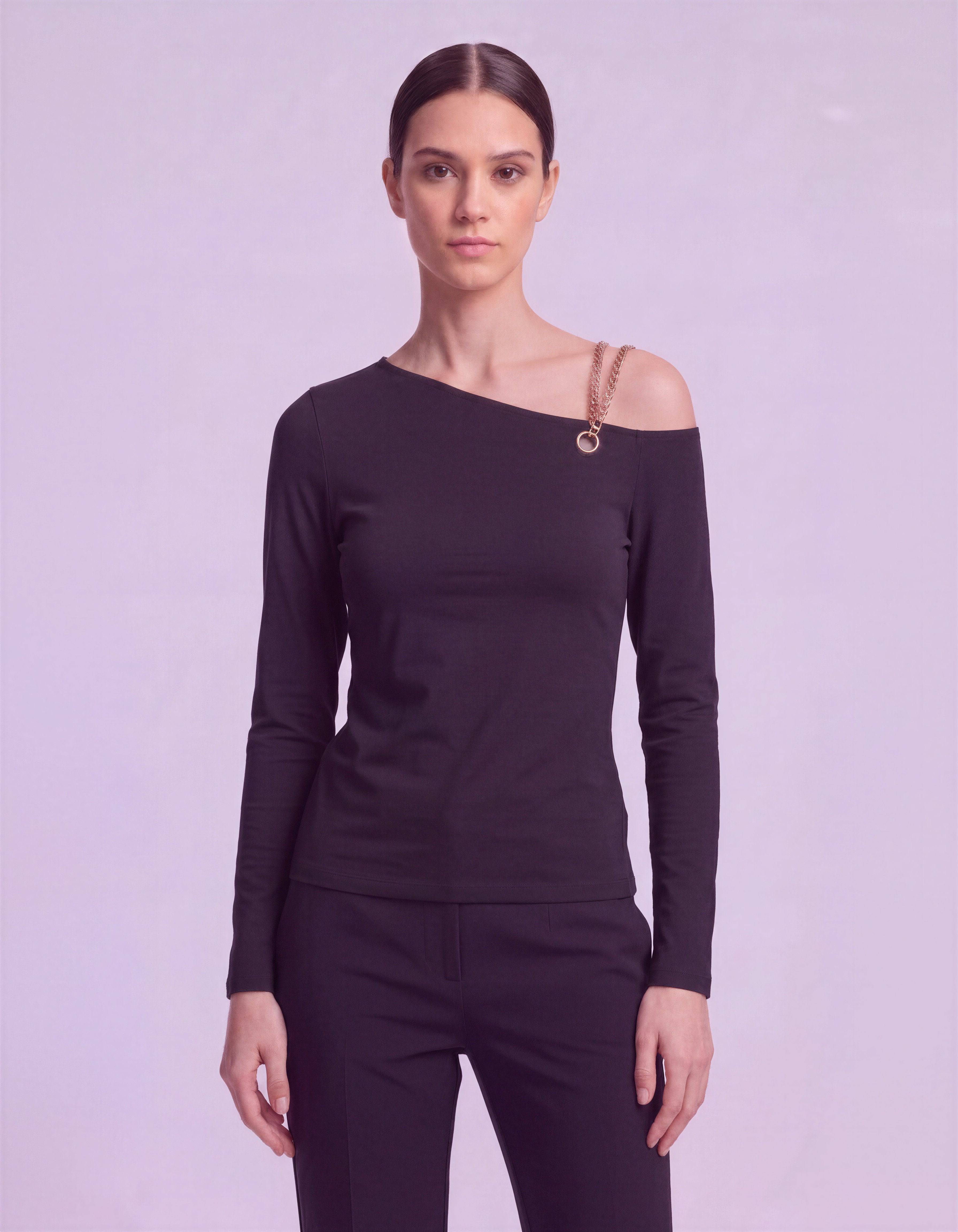 ROMAR one shoulder long sleeve top with chain detail, stylish fashion piece featuring a modern design.
