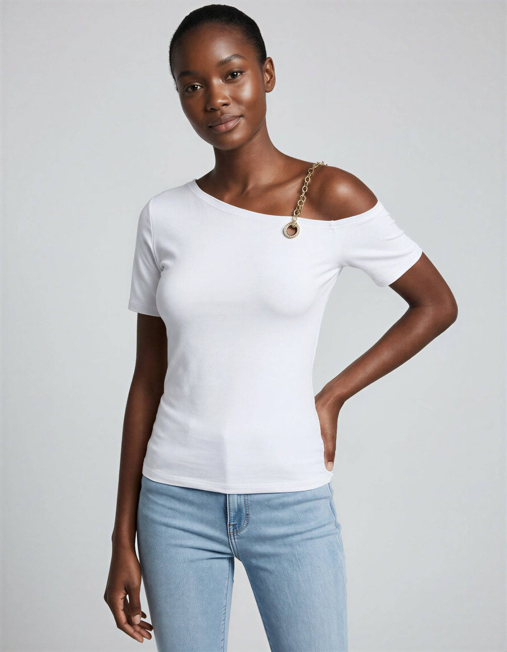 ROMAR one shoulder chain and crystal ring short sleeve top, stylish black top with chain details and sparkling crystal accents.