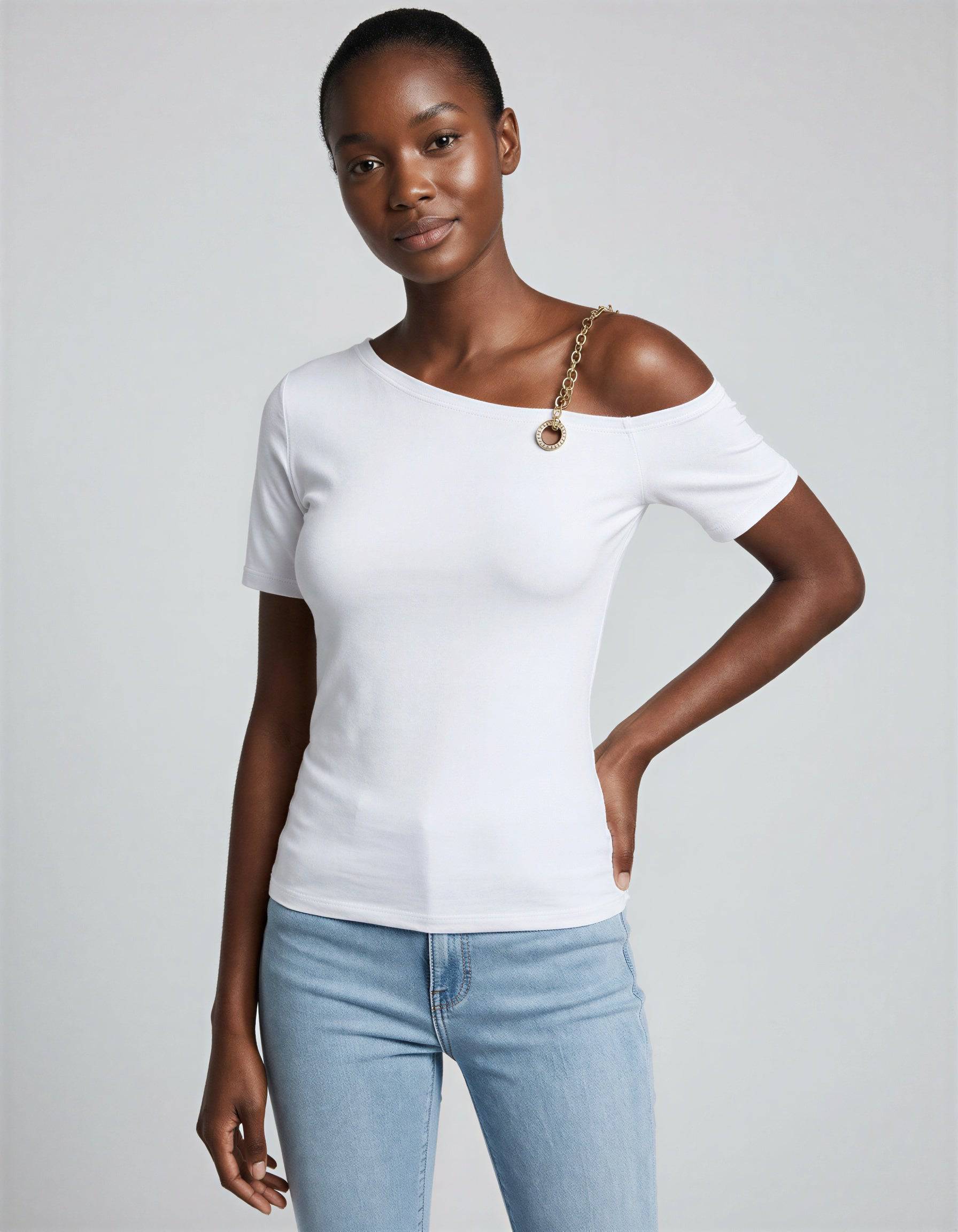ROMAR one shoulder chain and crystal ring short sleeve top, stylish black top with chain details and sparkling crystal accents.