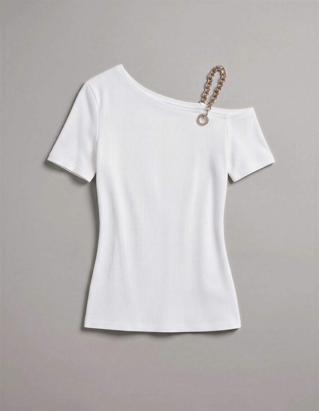 ROMAR one shoulder chain and crystal ring short sleeve top featuring a stylish design with chain accents and crystal details.