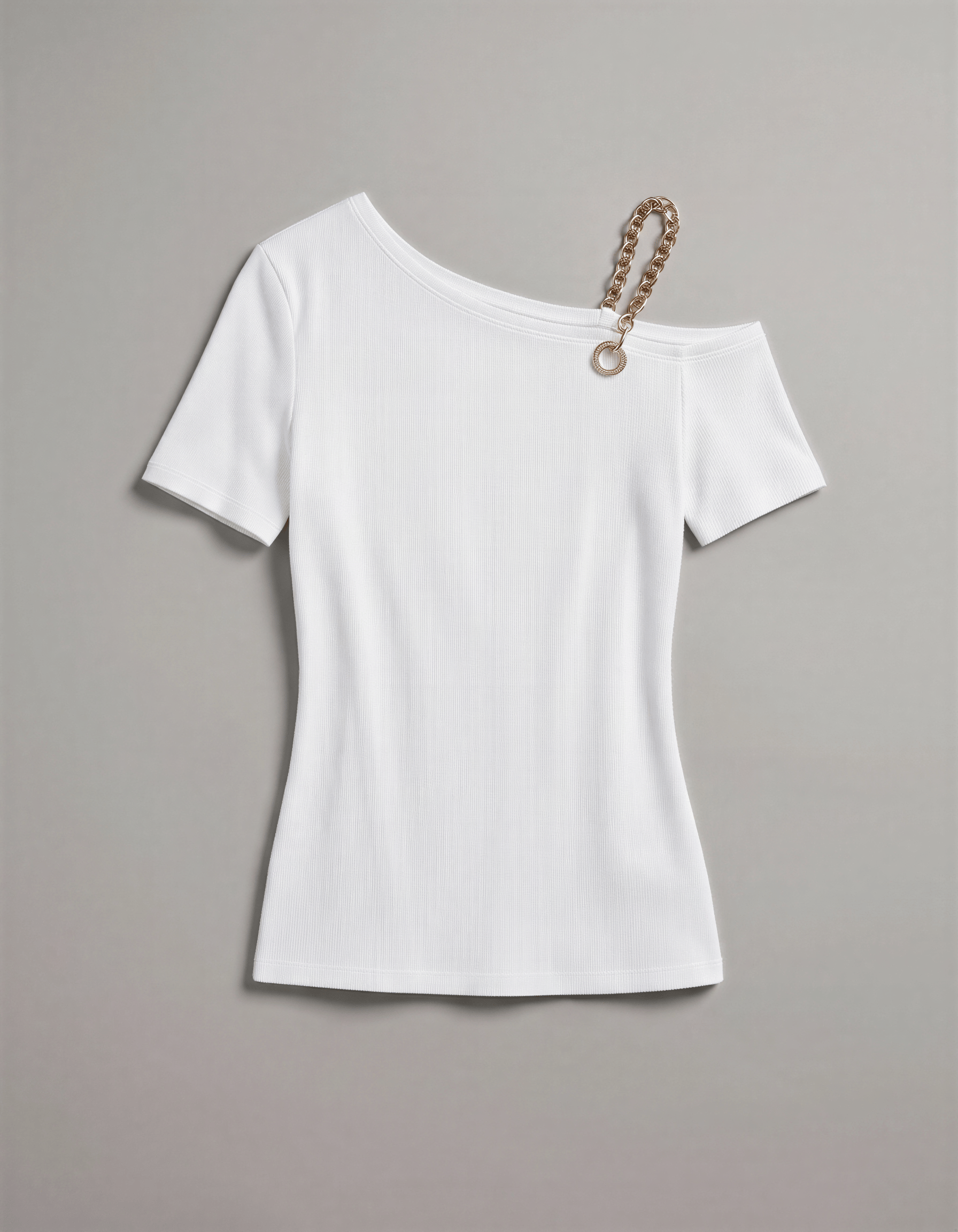 ROMAR one shoulder chain and crystal ring short sleeve top featuring a stylish design with chain accents and crystal details.