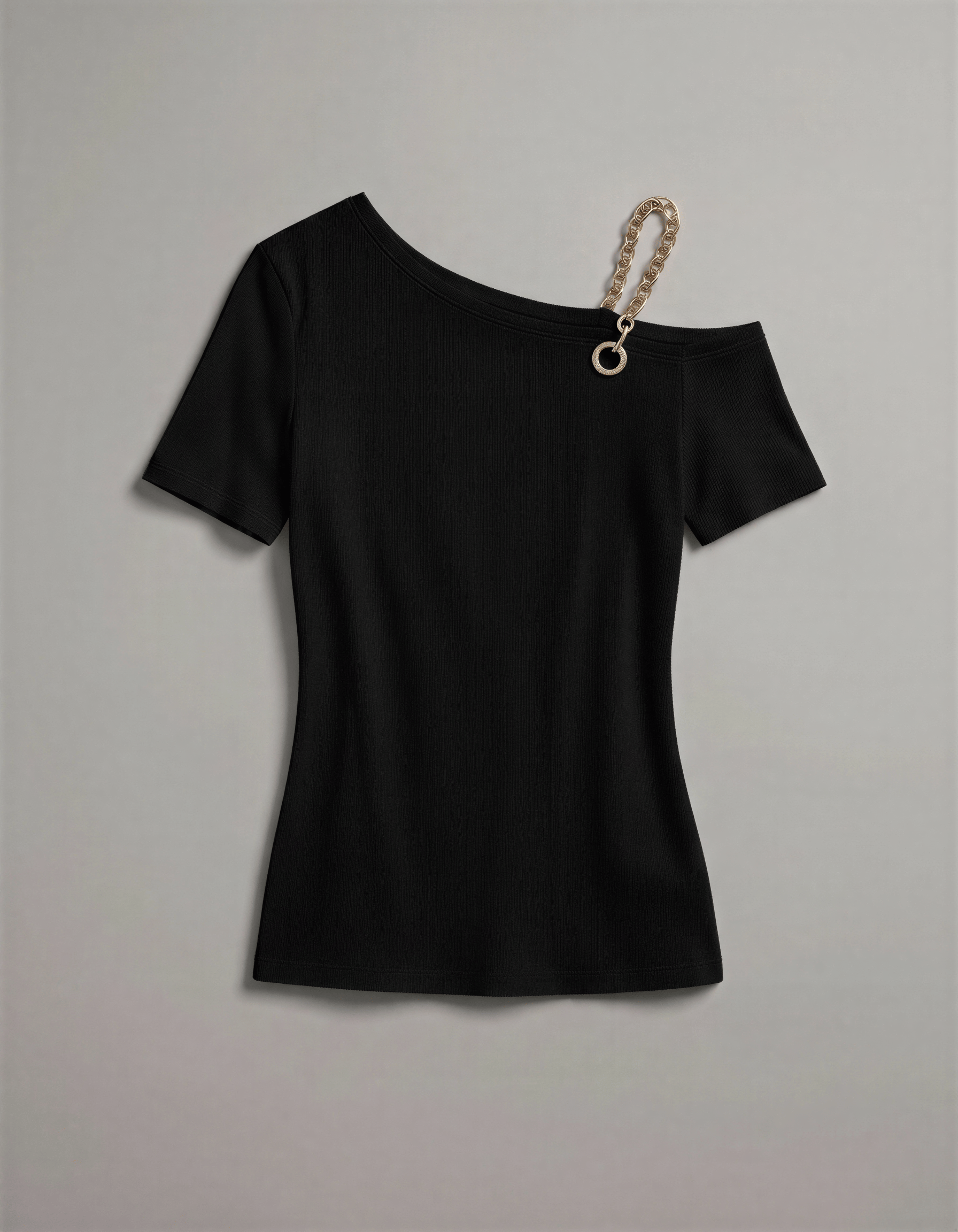 ROMAR one-shoulder short sleeve top featuring chain and crystal ring details, displayed against a neutral background.