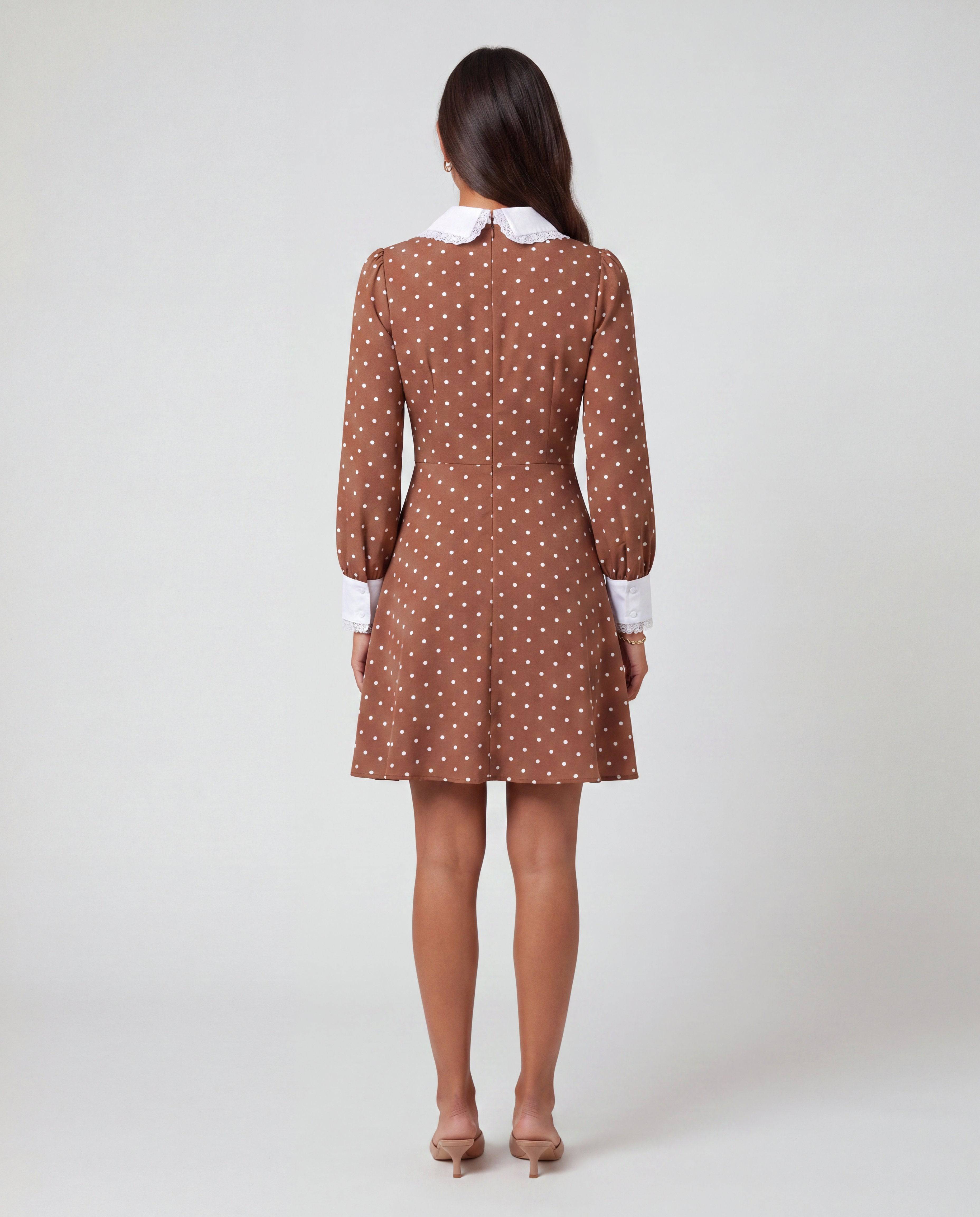 Romar polka dot Peter Pan collar mini dress with long sleeves and a fitted waist, perfect for casual or semi-formal wear.