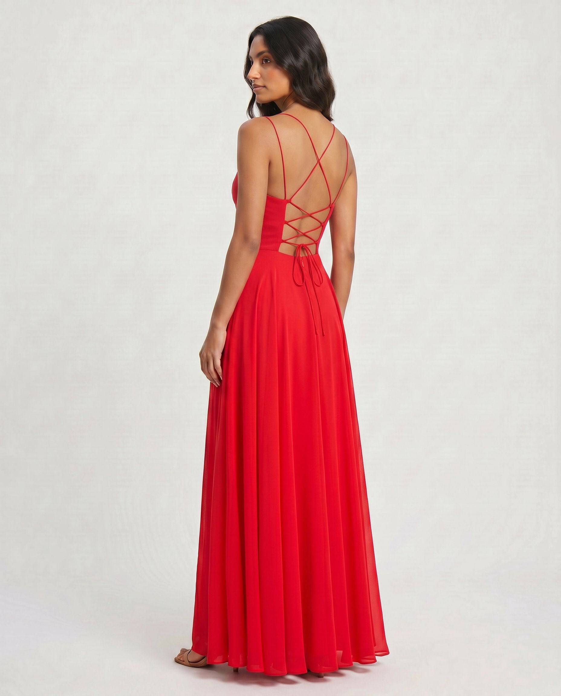 ROMAR chiffon ruffle bustier prom gown with lace-up back, elegant dress featuring flowing fabric and intricate design details.