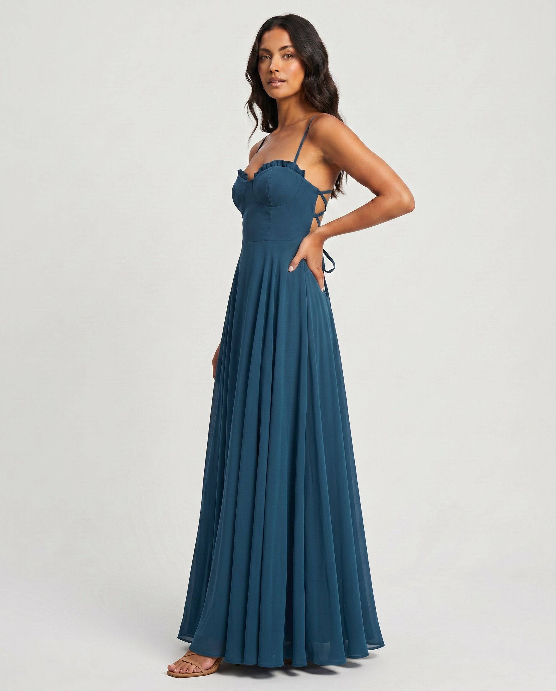 Romar chiffon ruffle bustier prom gown with lace-up back, elegant evening dress with flowing fabric and intricate detailing.