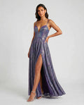 Iridescent glitter plunge lace-up back prom gown by ROMAR featuring shimmering fabric and elegant design for formal events.