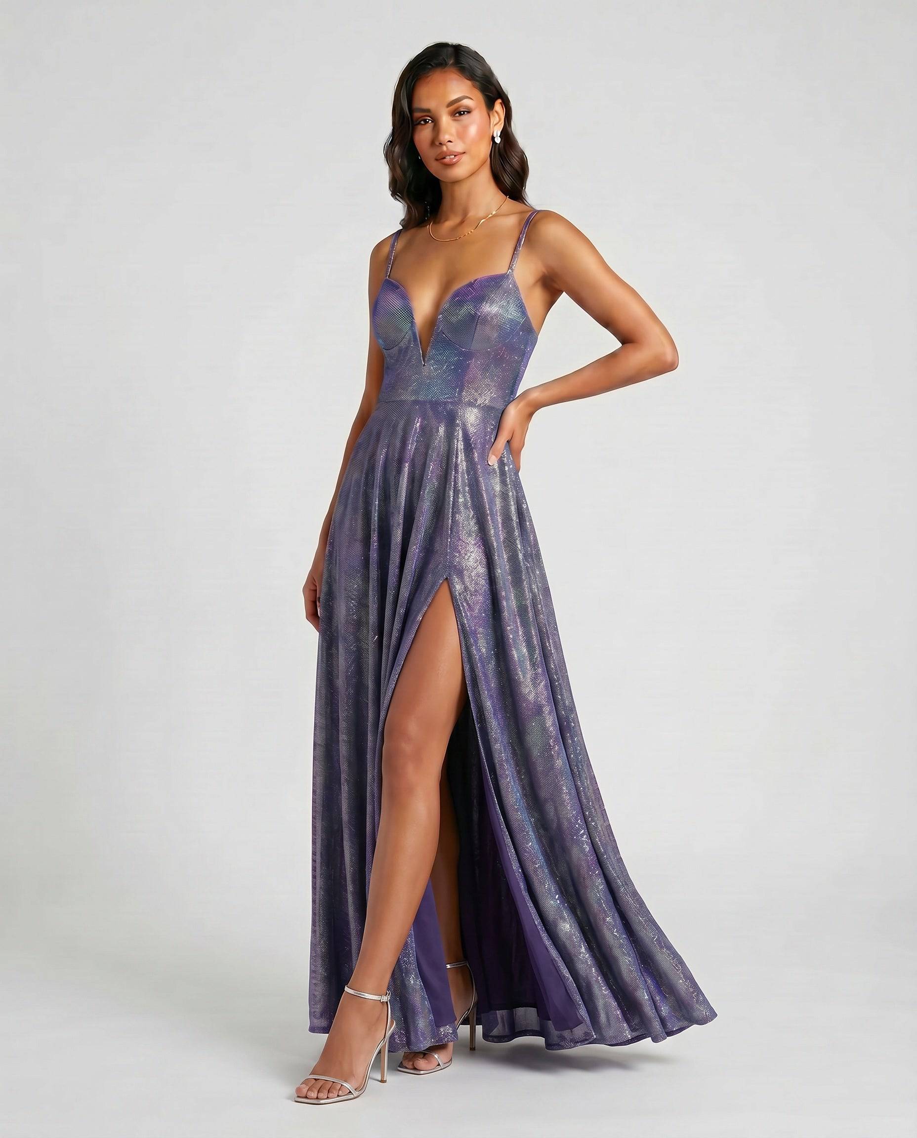 Iridescent glitter plunge lace-up back prom gown by ROMAR featuring shimmering fabric and elegant design for formal events.