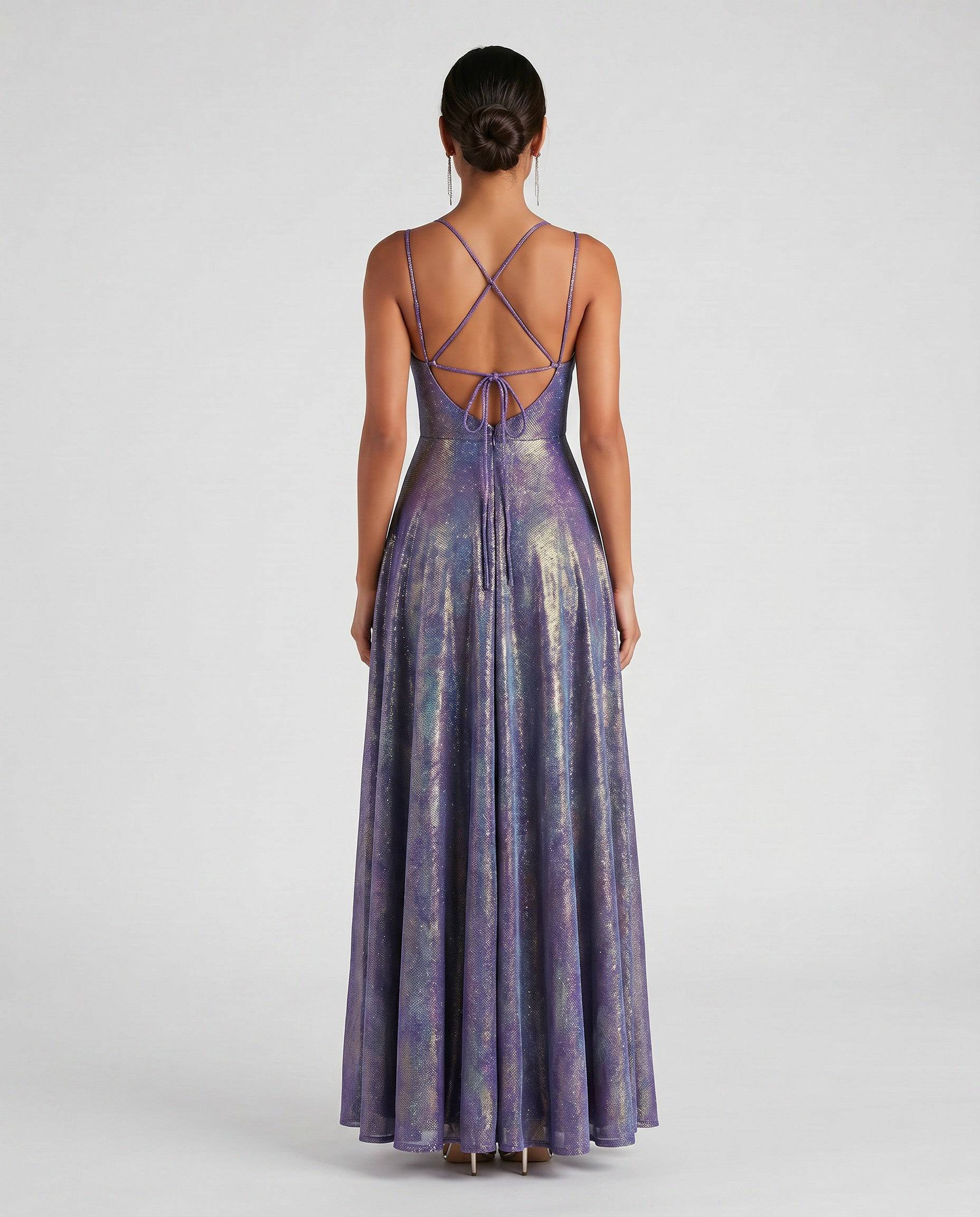 Iridescent glitter prom gown by ROMAR featuring a plunging neckline, lace-up back, and shimmering iridescent fabric.