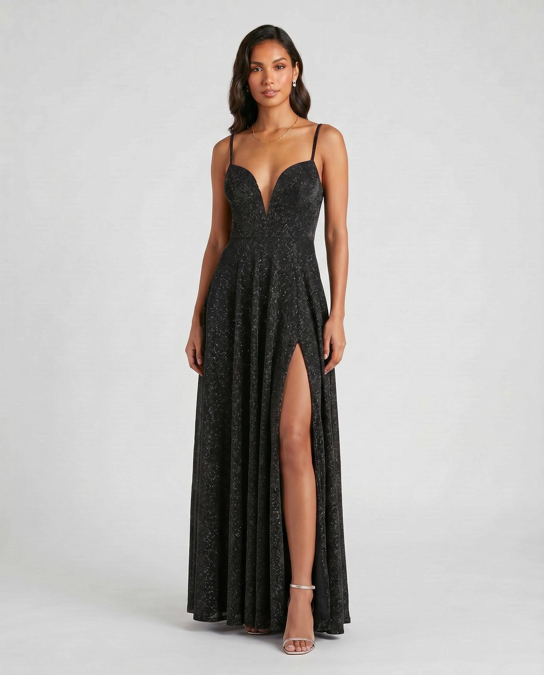 Iridescent glitter prom gown with lace-up back from ROMAR, featuring a plunging neckline and shimmering iridescent fabric.
