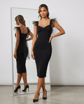 Romar pearl-embellished tulle bow back midi dress featuring delicate fabric and elegant design, perfect for formal occasions.