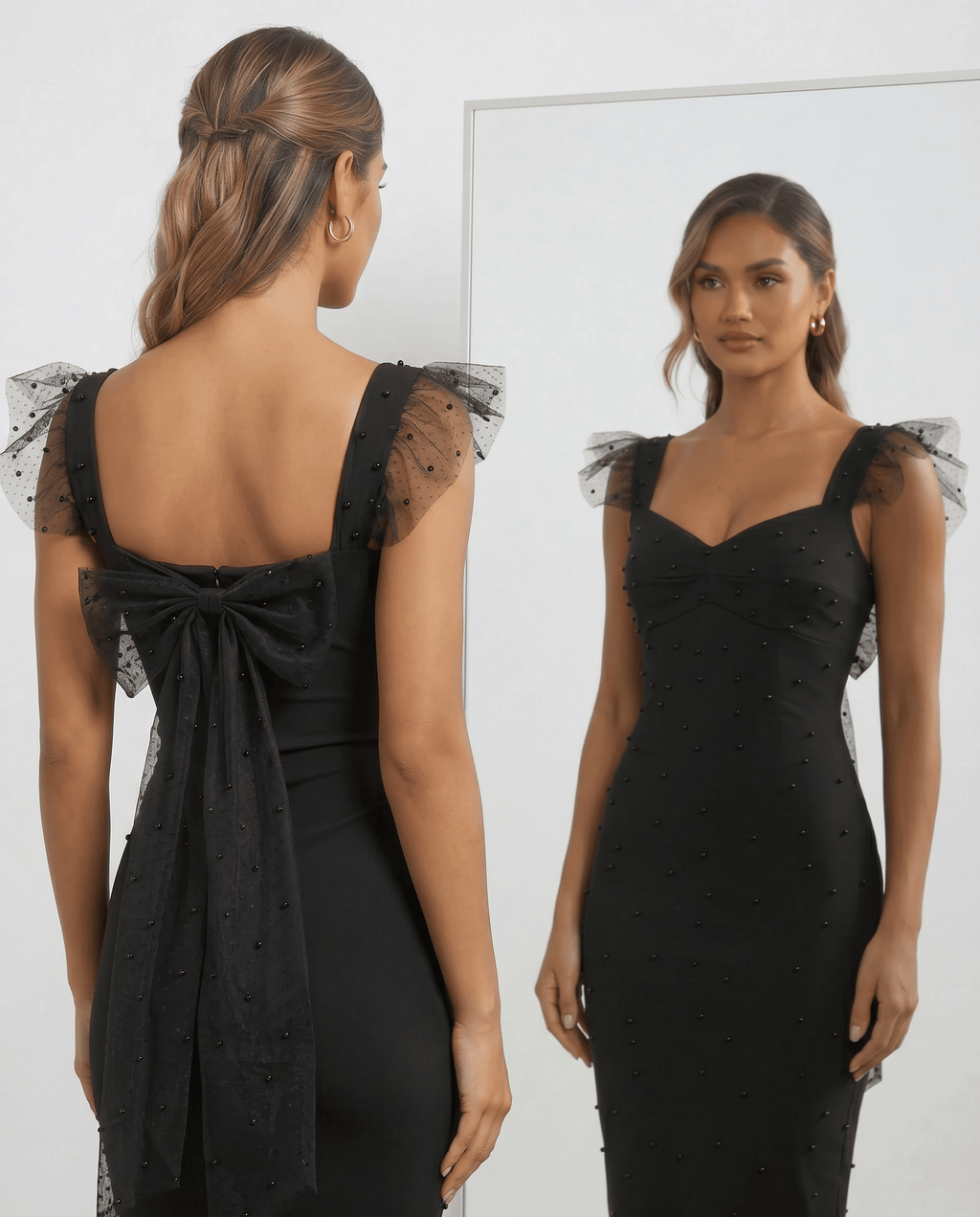 ROMAR pearl-embellished tulle bow back midi dress featuring a delicate tulle fabric and elegant bow detail at the back.