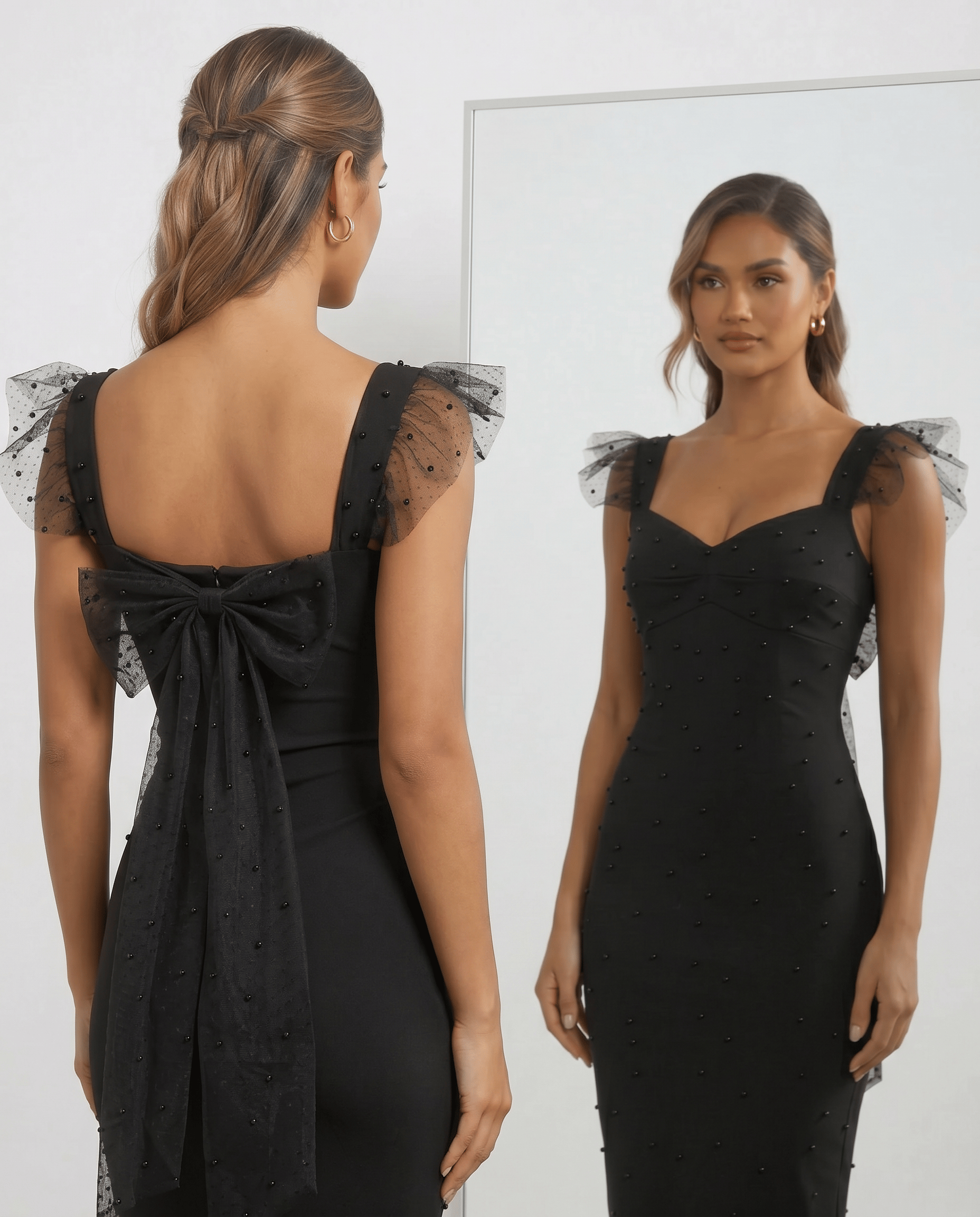 ROMAR pearl-embellished tulle bow back midi dress featuring a delicate tulle fabric and elegant bow detail at the back.