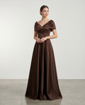 Elegant satin off-shoulder corset lace-up ball gown dress by ROMAR, featuring a flowing skirt and intricate detailing.