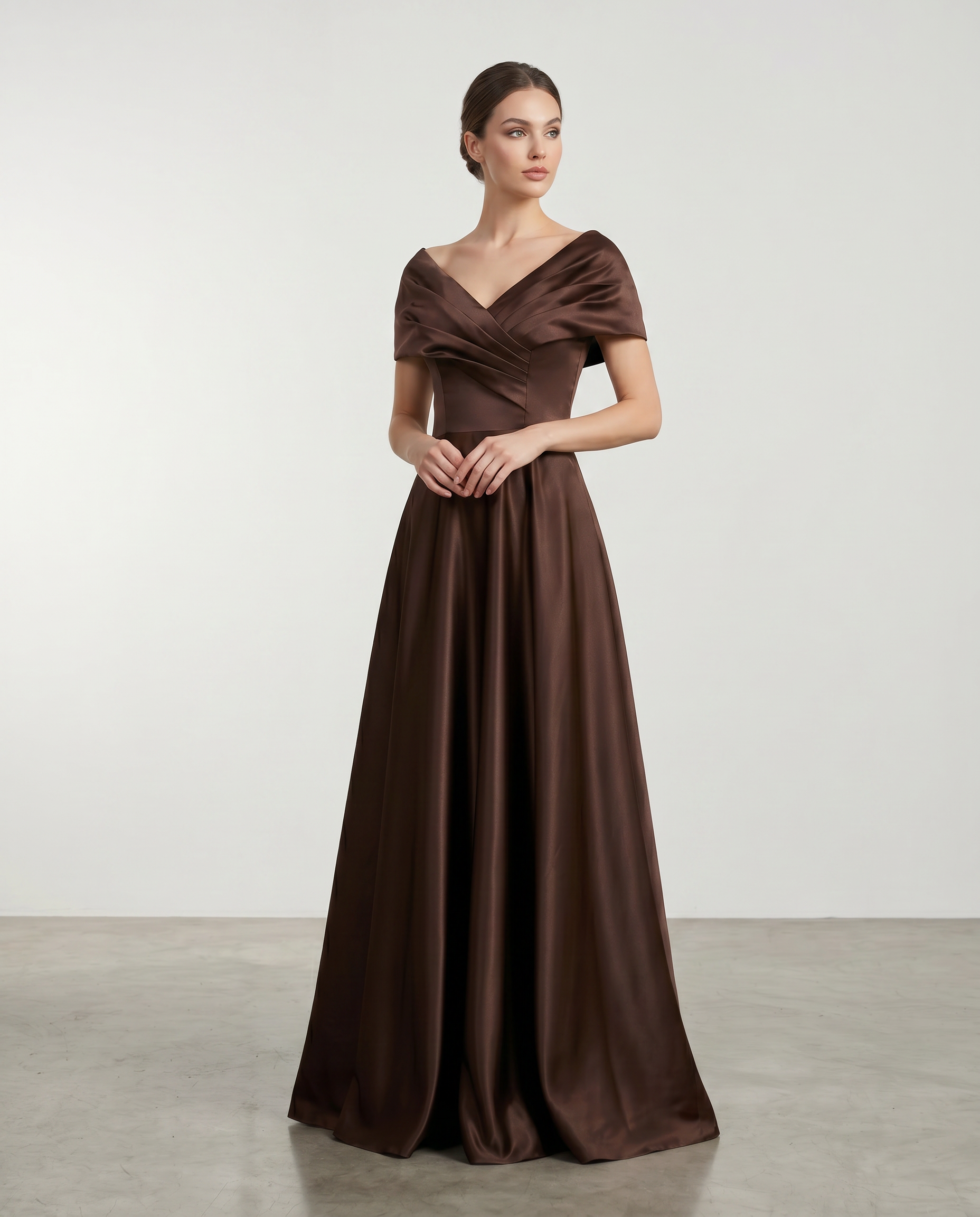 Elegant satin off-shoulder corset lace-up ball gown dress by ROMAR, featuring a flowing skirt and intricate detailing.