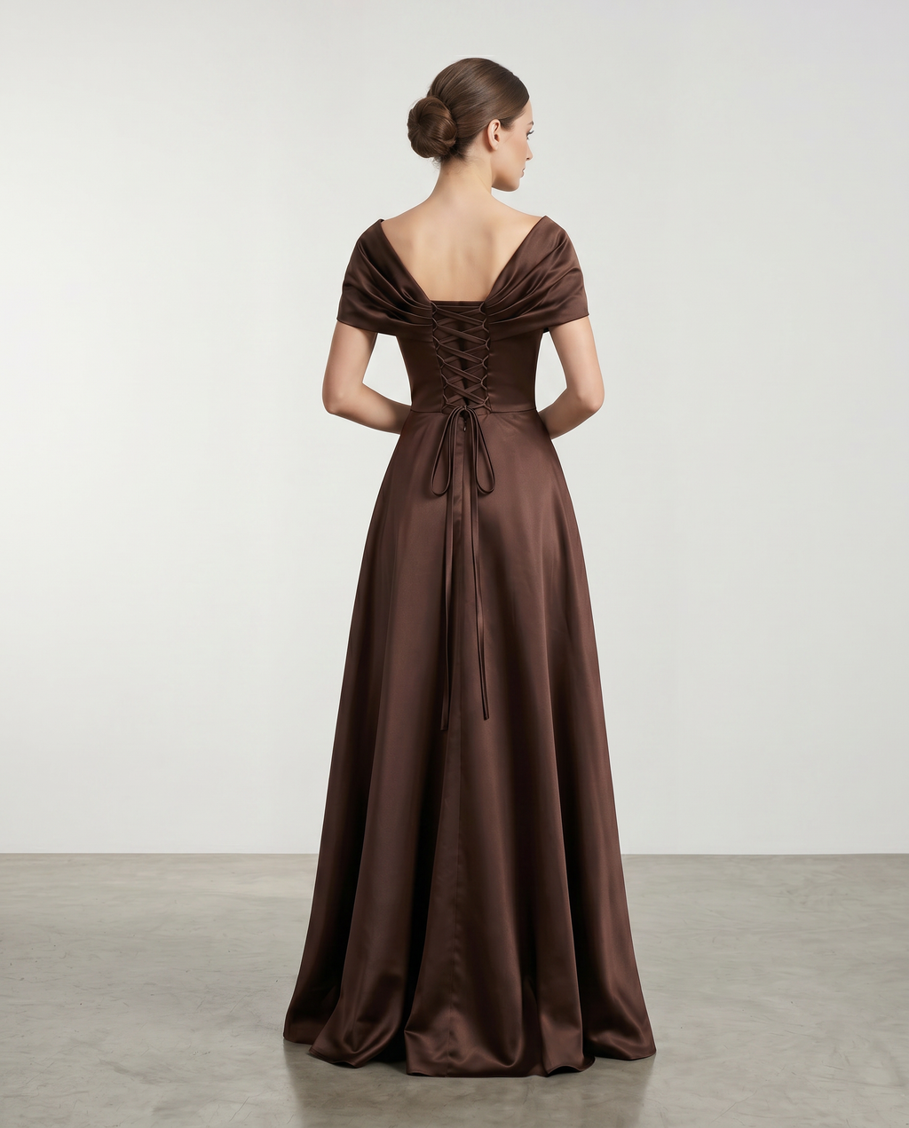 Elegant satin off-shoulder corset lace-up ball gown dress by ROMAR featuring a fitted bodice and flowing skirt.