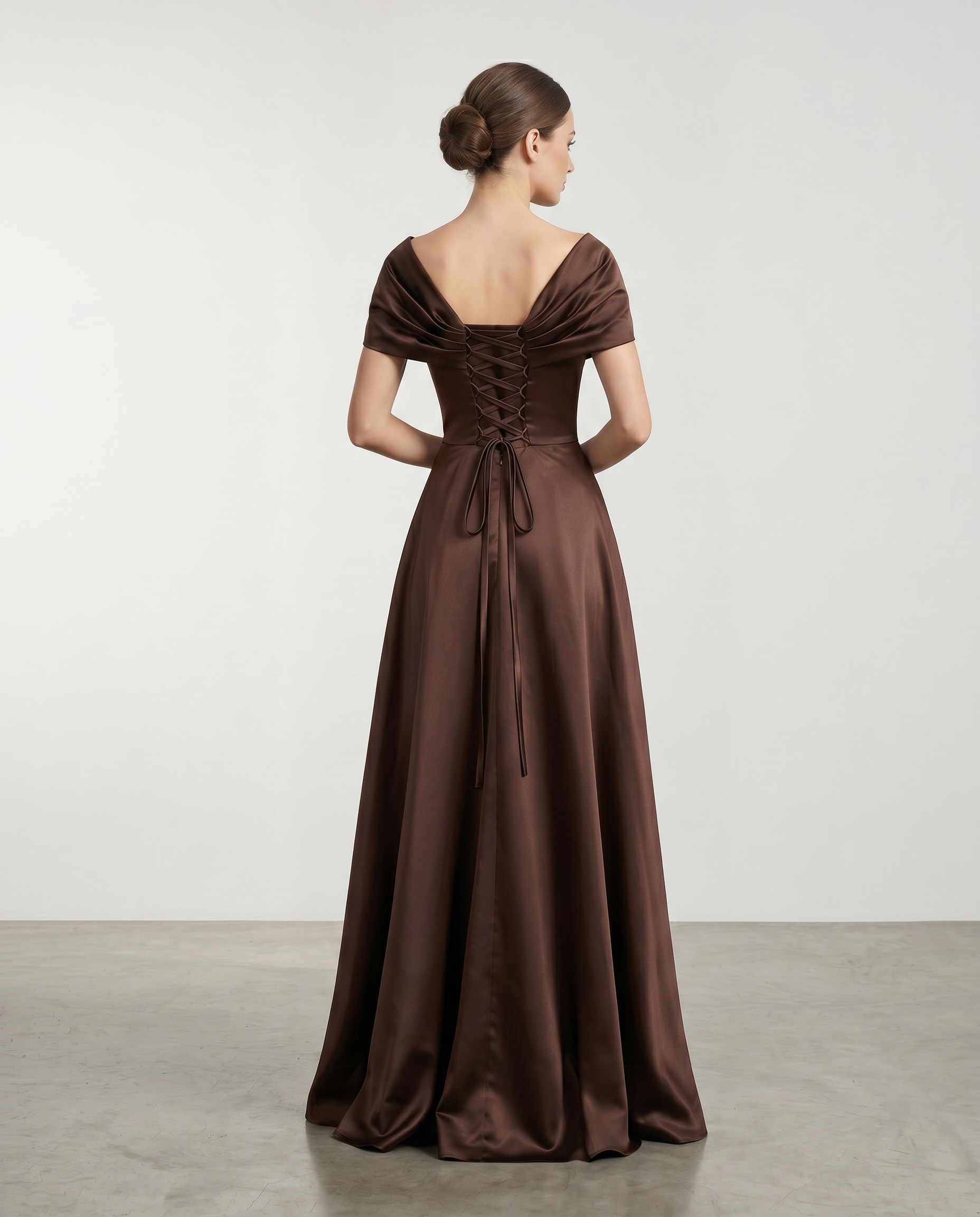Elegant satin off-shoulder corset lace-up ball gown dress by ROMAR featuring a fitted bodice and flowing skirt.