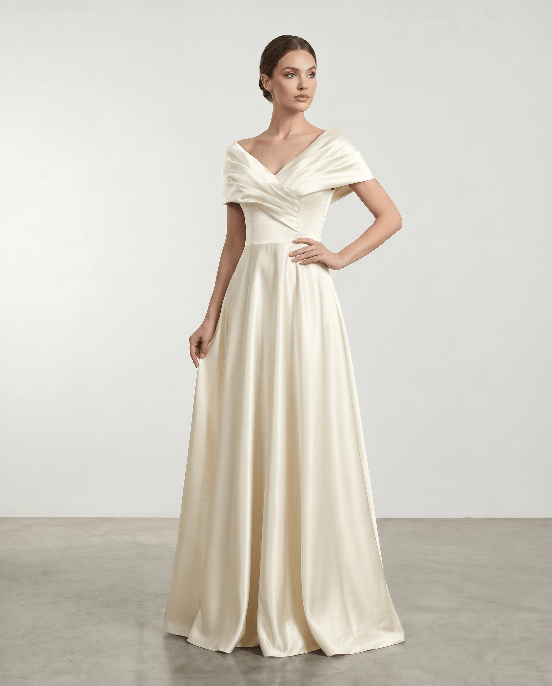 Elegant satin off-shoulder corset lace-up ball gown dress by ROMAR, featuring a fitted bodice and flowing skirt for formal occasions.