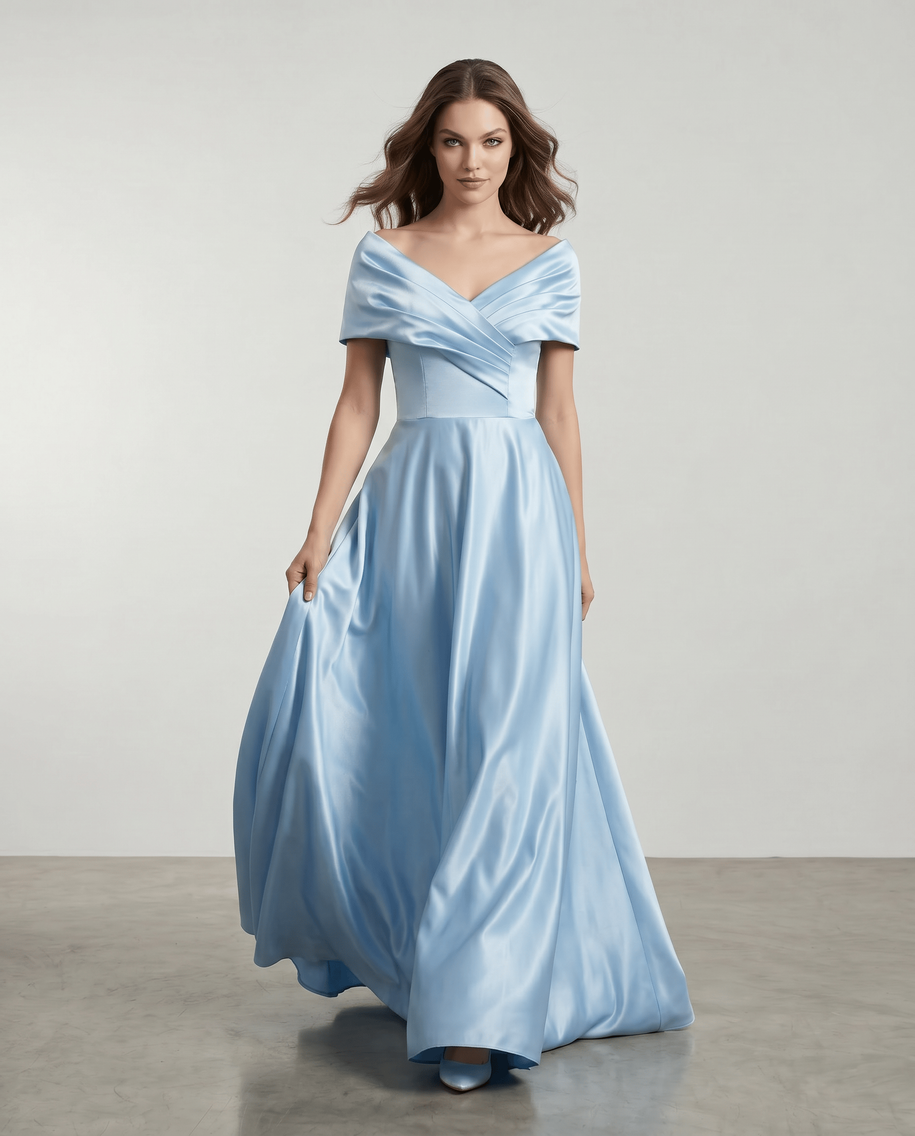 Romar satin off-shoulder corset lace-up ball gown dress with flowing fabric and elegant design, perfect for formal occasions.