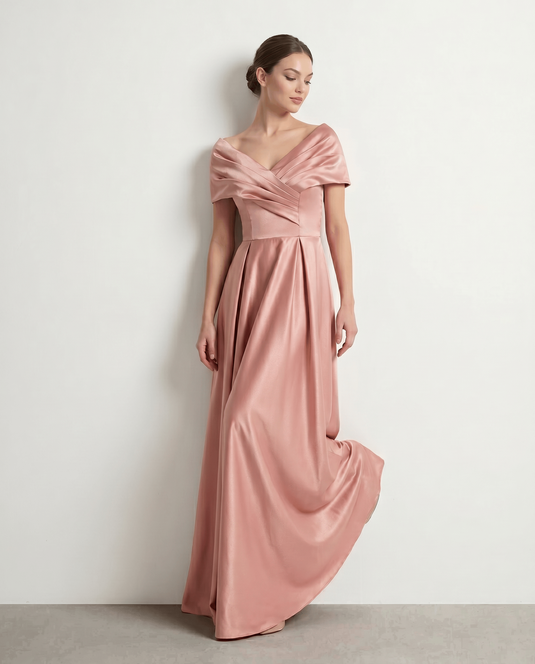 Elegant satin off-shoulder corset lace-up ball gown by ROMAR featuring a flowing skirt and fitted bodice for formal occasions.